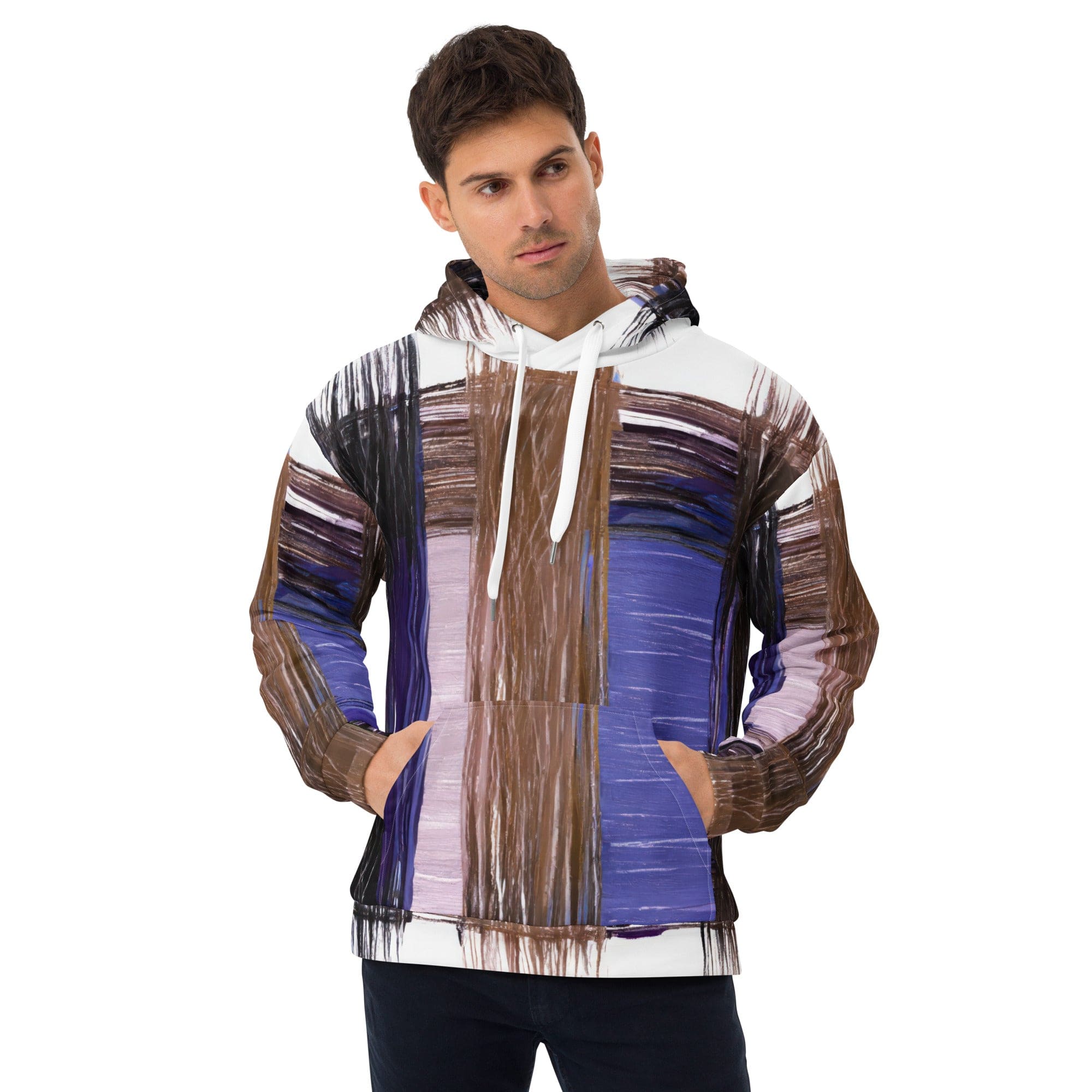 Men's Graphic Hoodie in Rustic Brown featuring an interweave print, showcasing a stylish design with a double-lined hood and front pouch pocket.