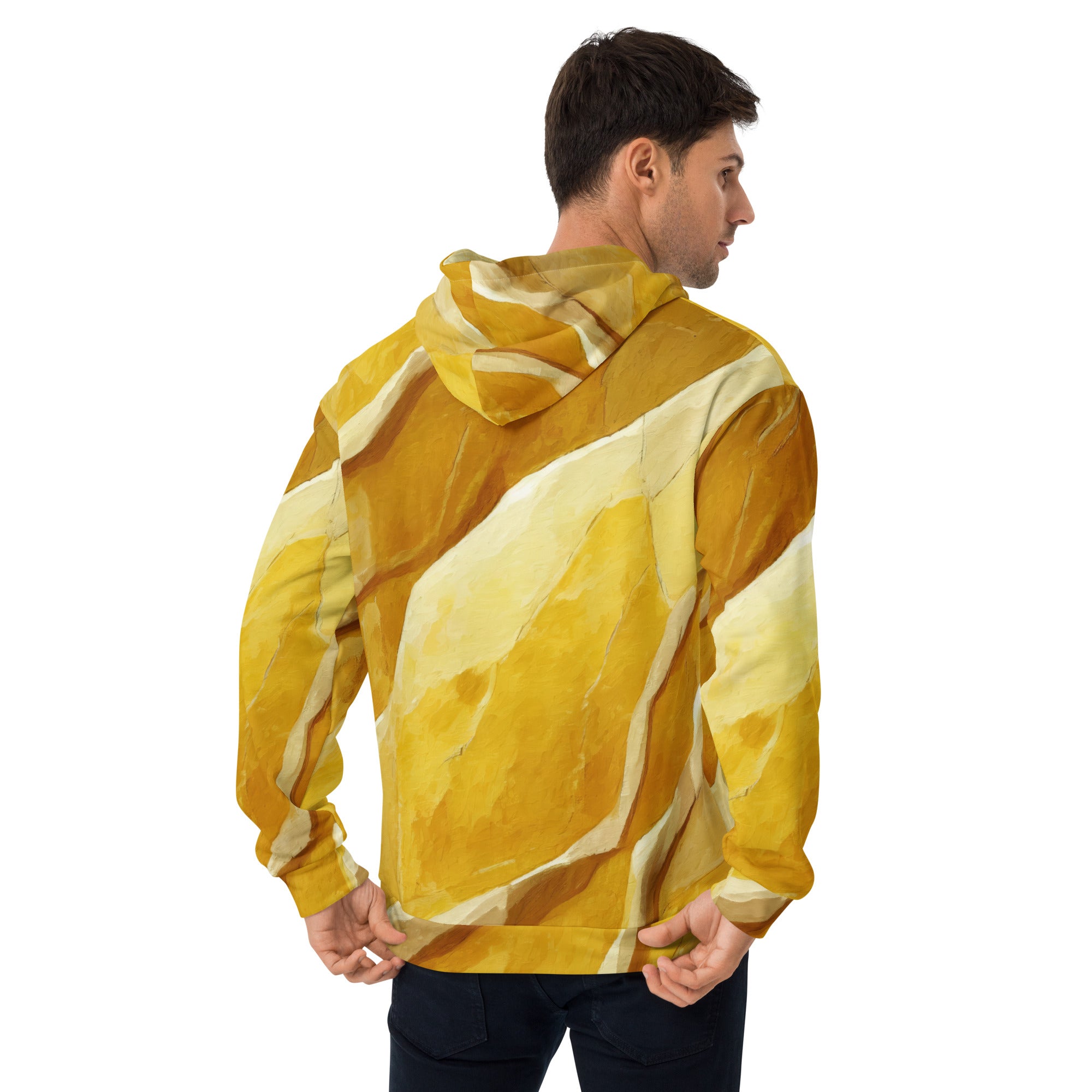 Men's Graphic Hoodie featuring a rustic yellow stone print, showcasing a modern design with a comfortable fit and front pouch pocket.