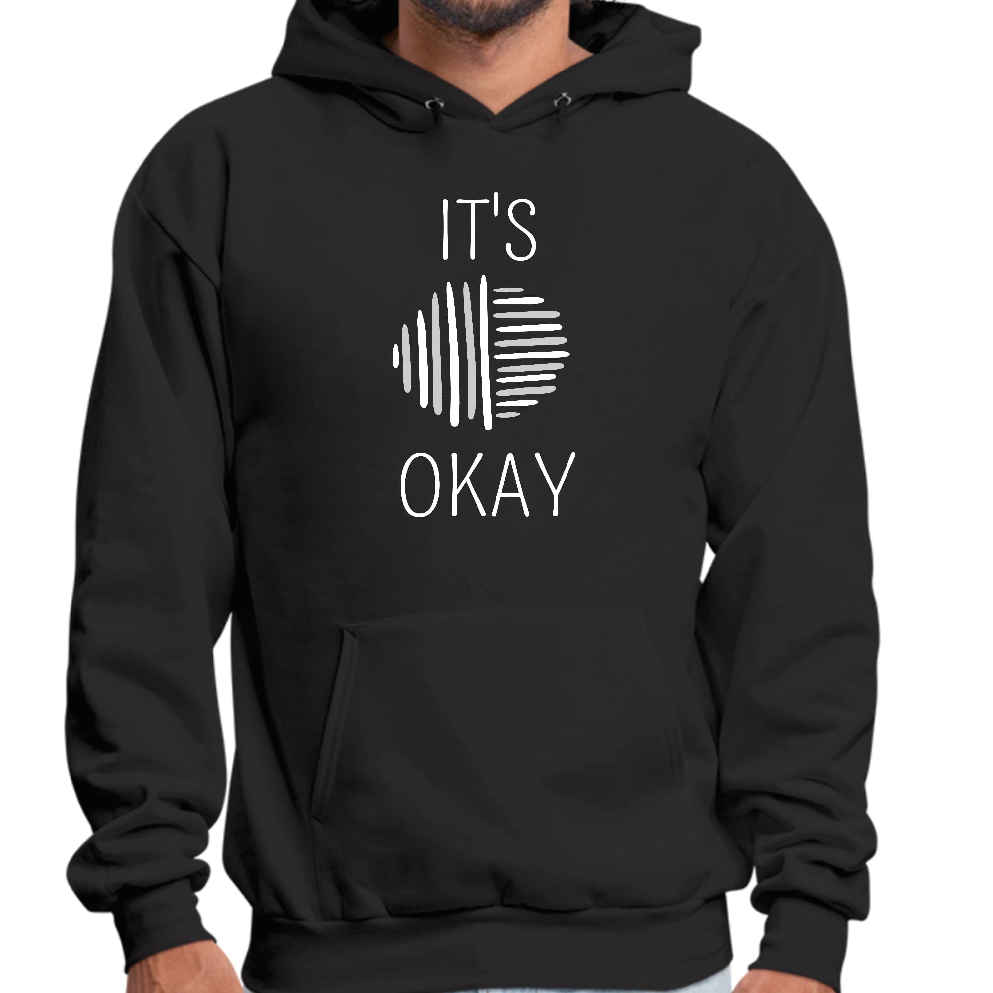 Mens Graphic Hoodie Say it Soul in grey and white line art, featuring a drawstring neckline and long sleeves.