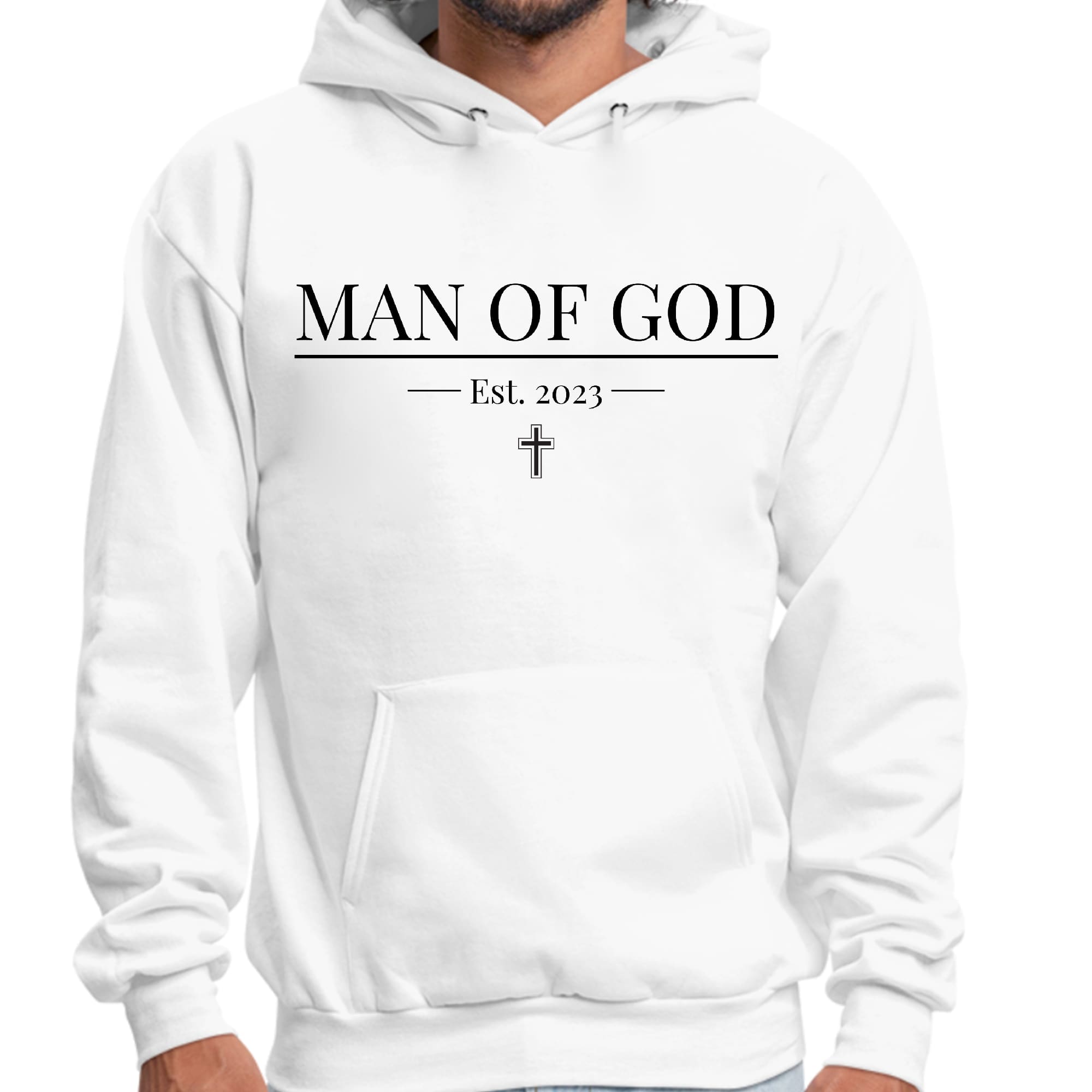 Mens Graphic Hoodie in black featuring a Man of God illustration, showcasing a stylish and faith-based design.