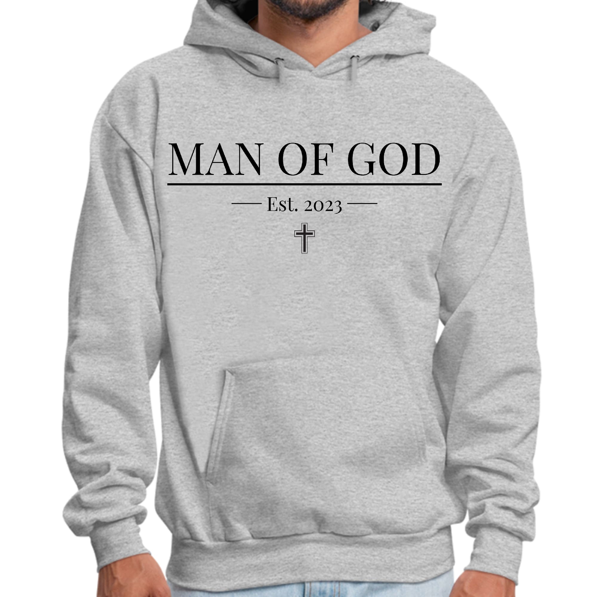 Mens Graphic Hoodie in black featuring a Man of God illustration, showcasing a stylish and faith-based design.