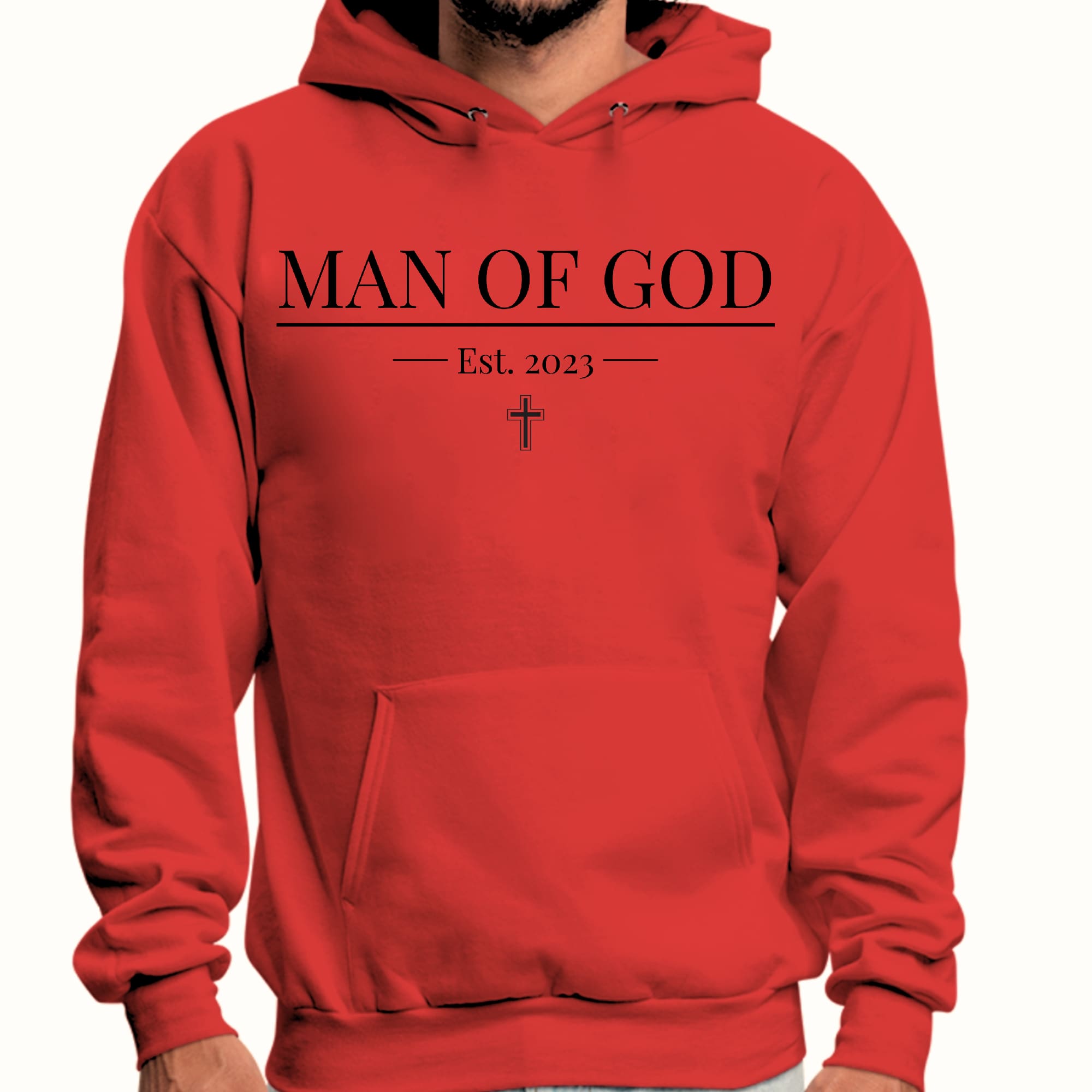 Mens Graphic Hoodie in black featuring a Man of God illustration, showcasing a stylish and faith-based design.