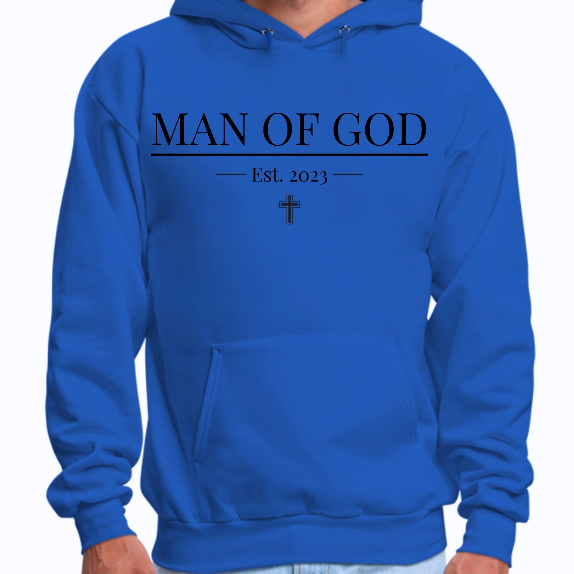 Mens Graphic Hoodie in black featuring a Man of God illustration, showcasing a stylish and faith-based design.