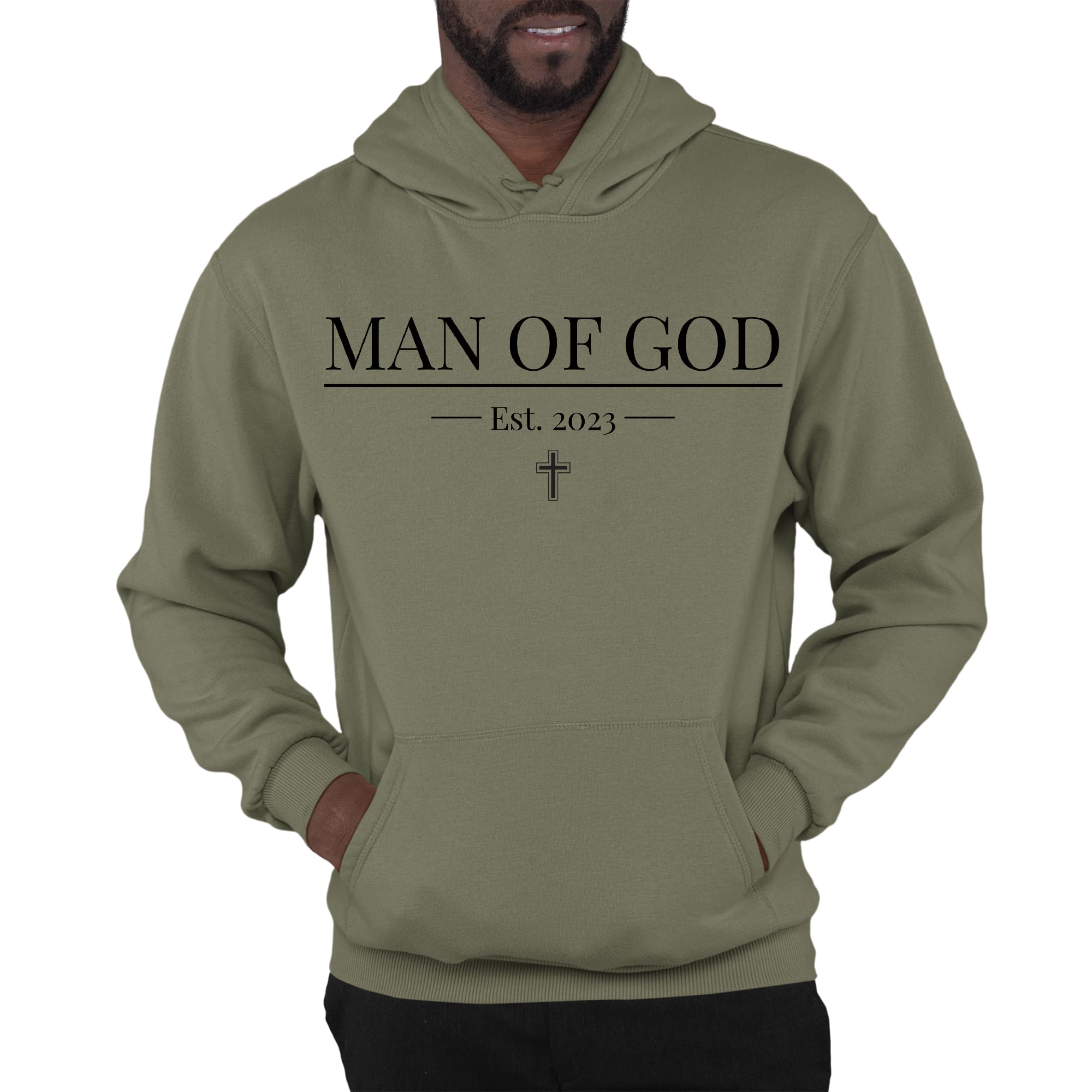 Mens Graphic Hoodie in black featuring a Man of God illustration, showcasing a stylish and faith-based design.