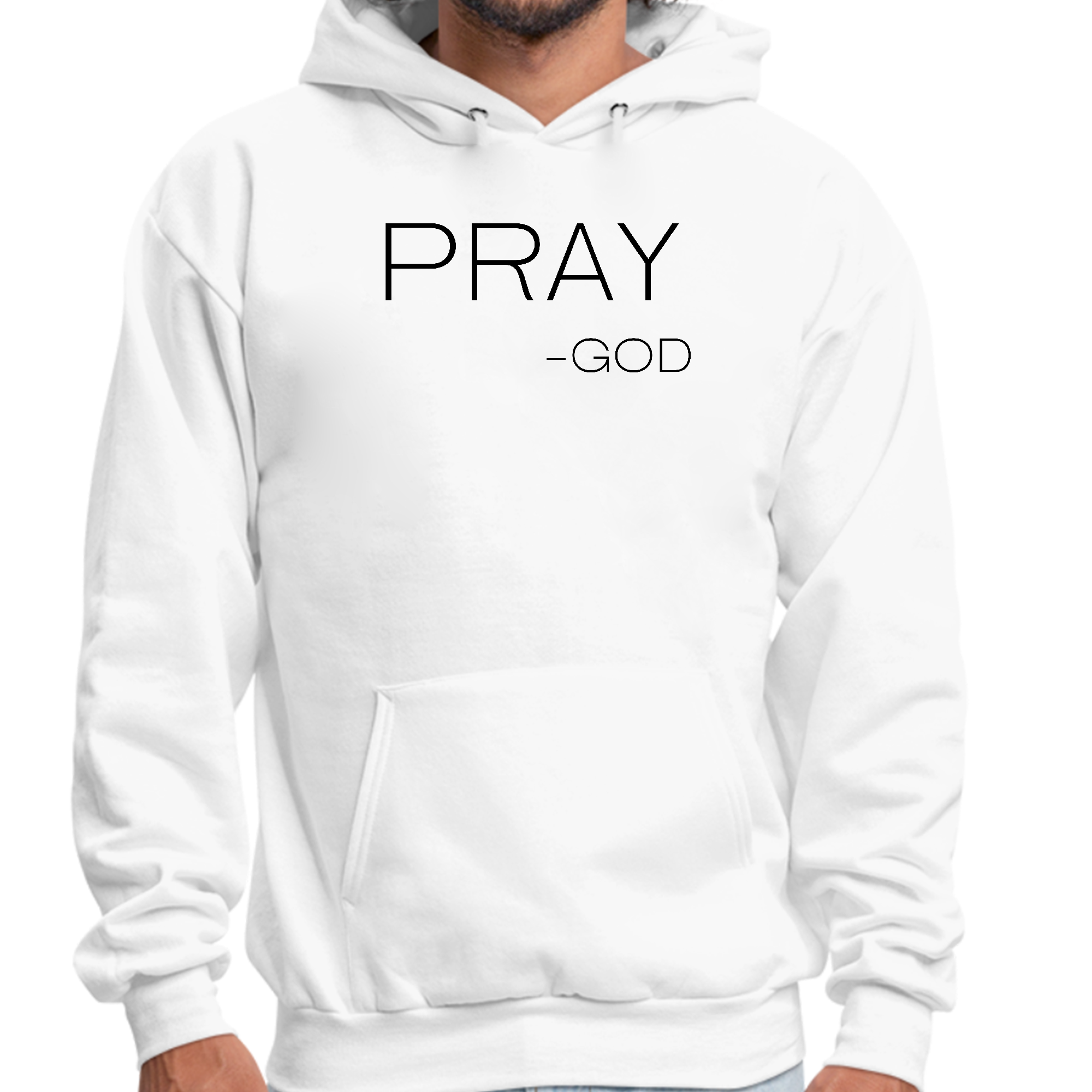 Mens Graphic Hoodie featuring 'Pray-God' statement, designed for comfort and style with a trendy graphic.