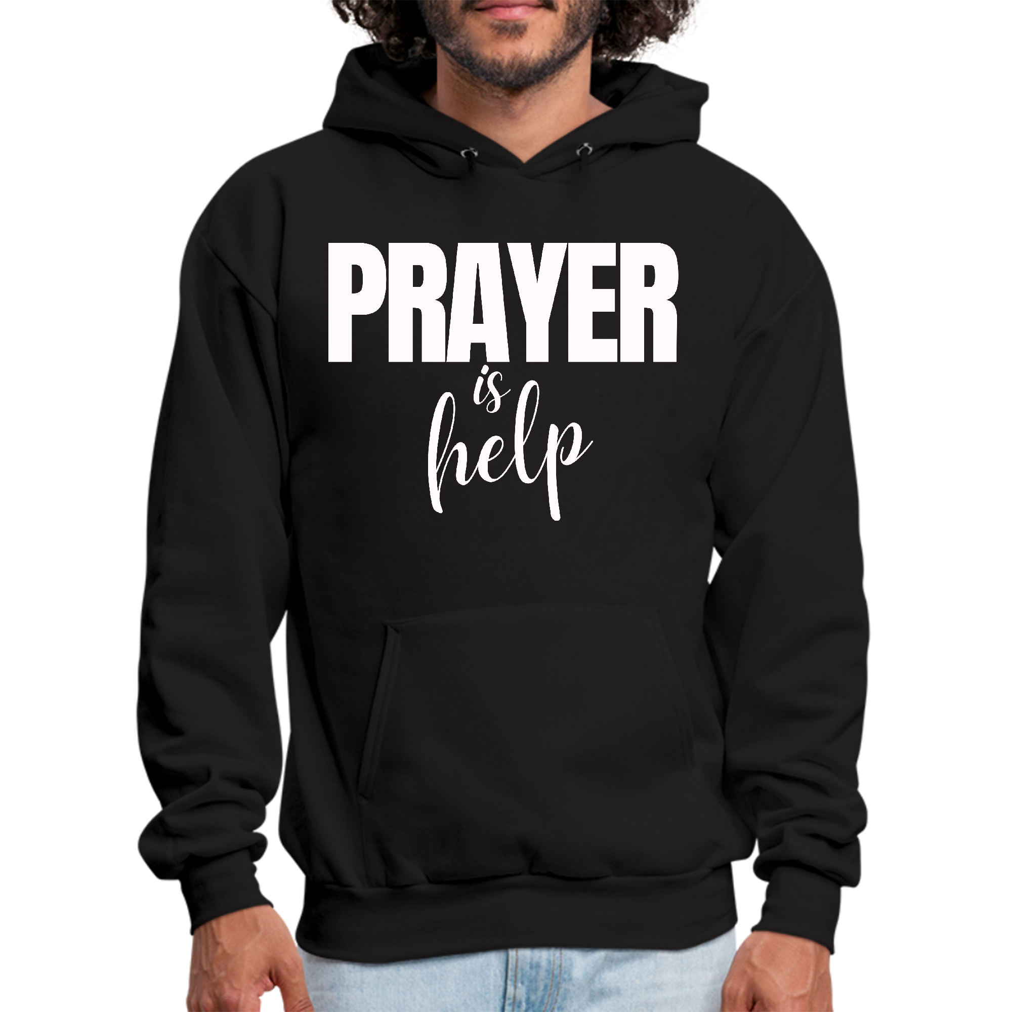 Men's graphic hoodie featuring the inspirational quote 'Prayer is Help' in a stylish design, perfect for comfort and motivation.