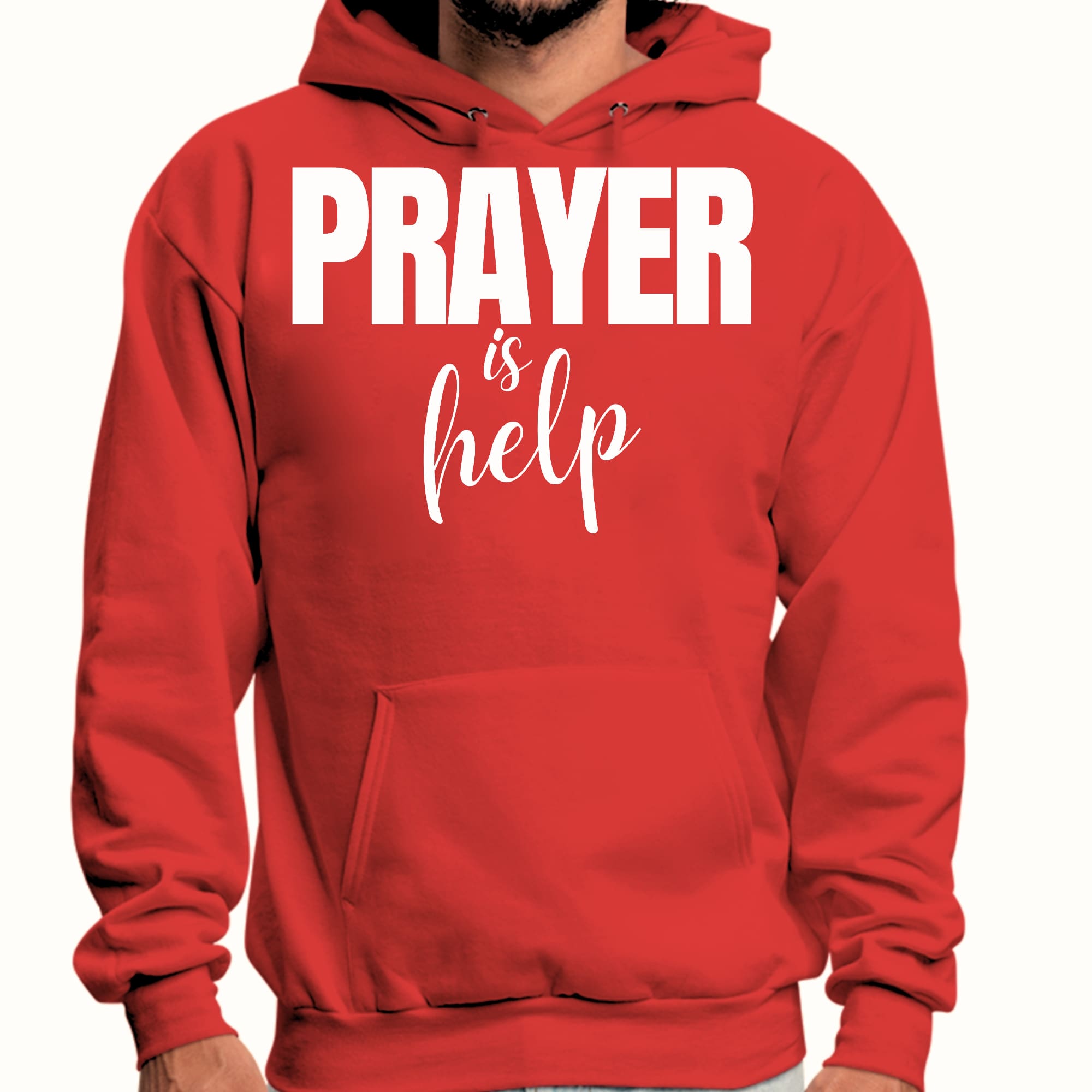 Men's graphic hoodie featuring the inspirational quote 'Prayer is Help' in a stylish design, perfect for comfort and motivation.