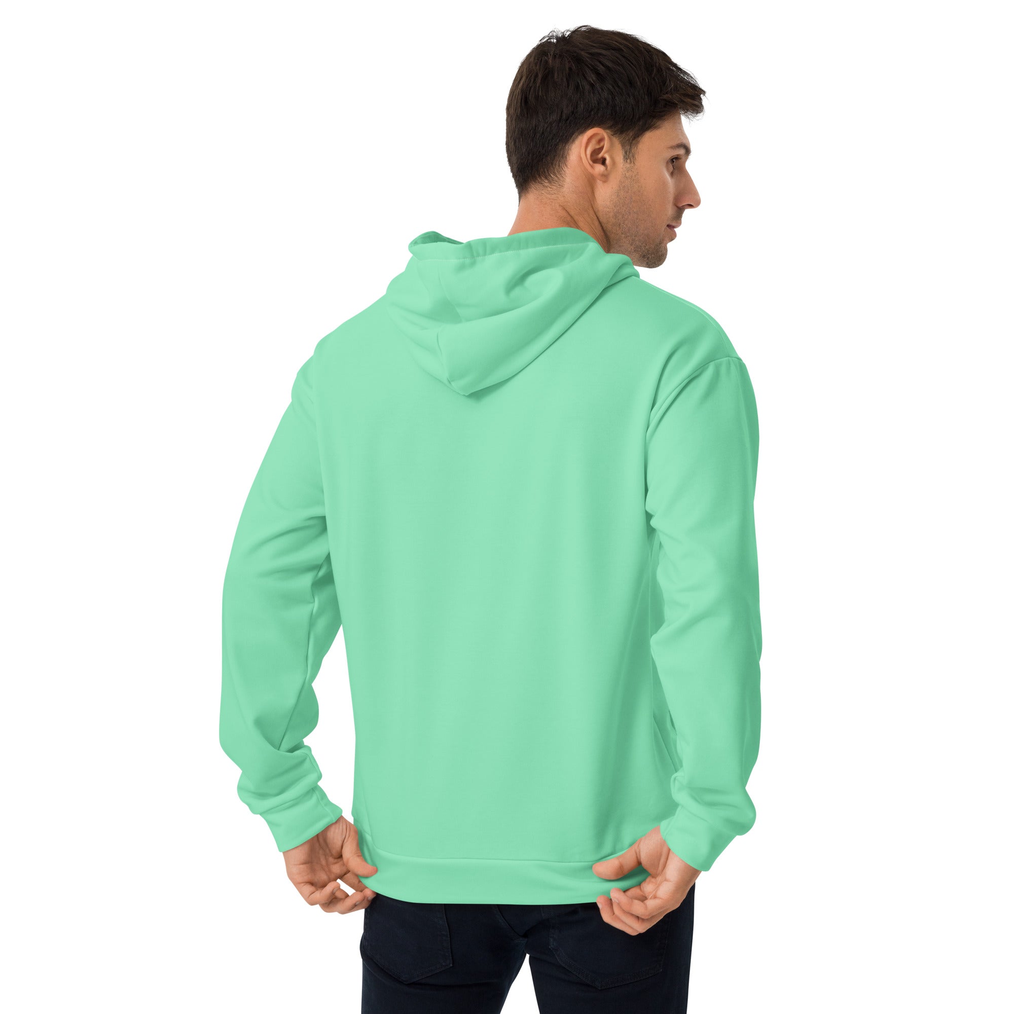 Men's Graphic Hoodie in Seafoam Green featuring dynamic all-over print, double-lined hood, and front pouch pocket.