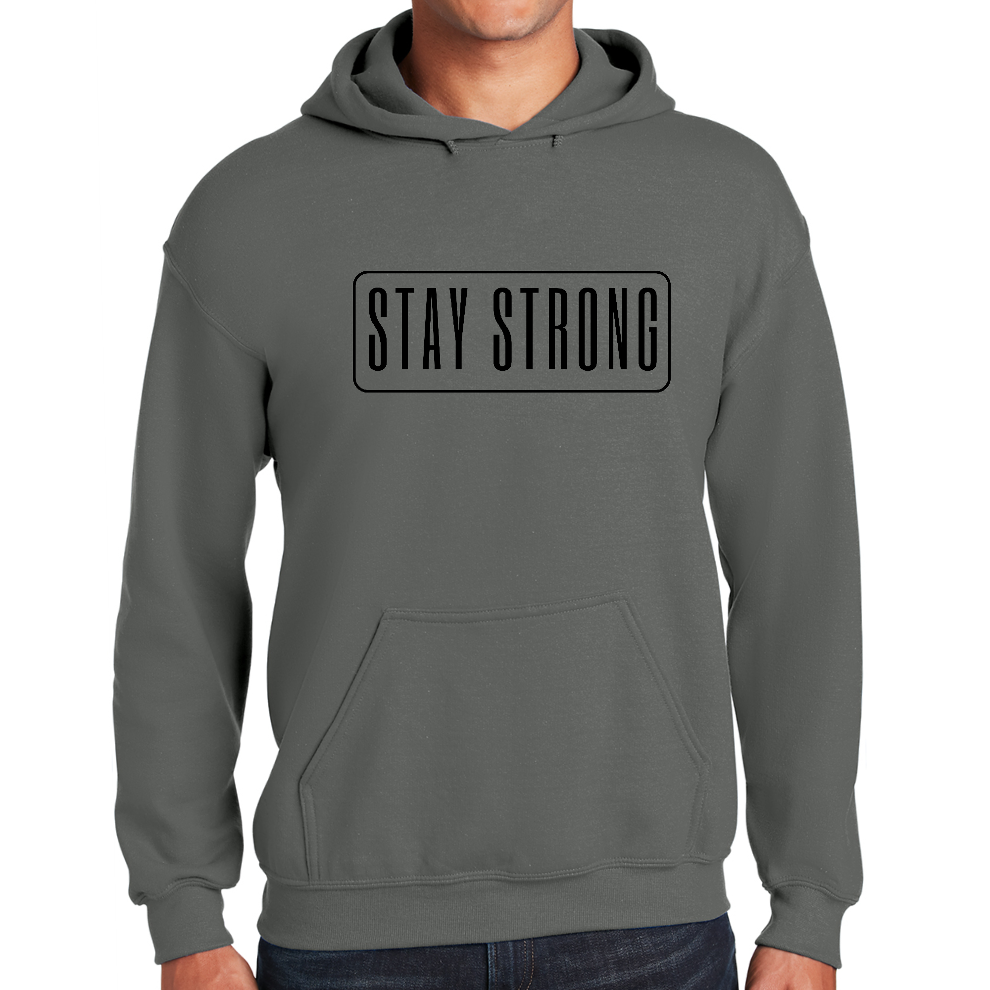 Men's black graphic hoodie with 'Stay Strong' motivational print, featuring a drawstring neckline and long sleeves.