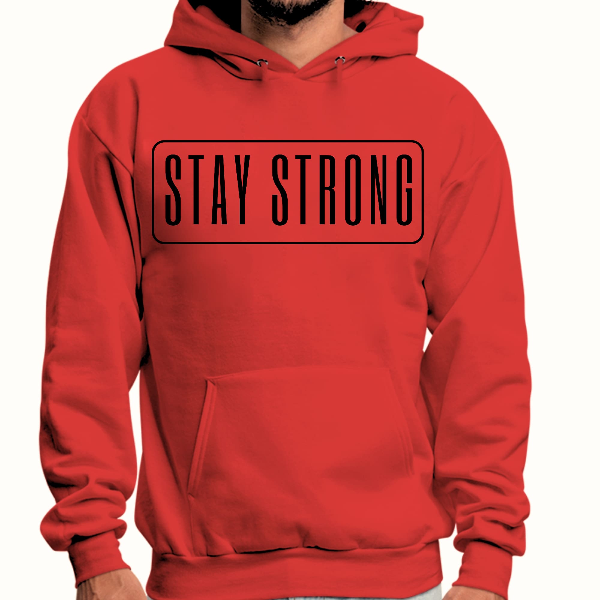 Men's black graphic hoodie with 'Stay Strong' motivational print, featuring a drawstring neckline and long sleeves.