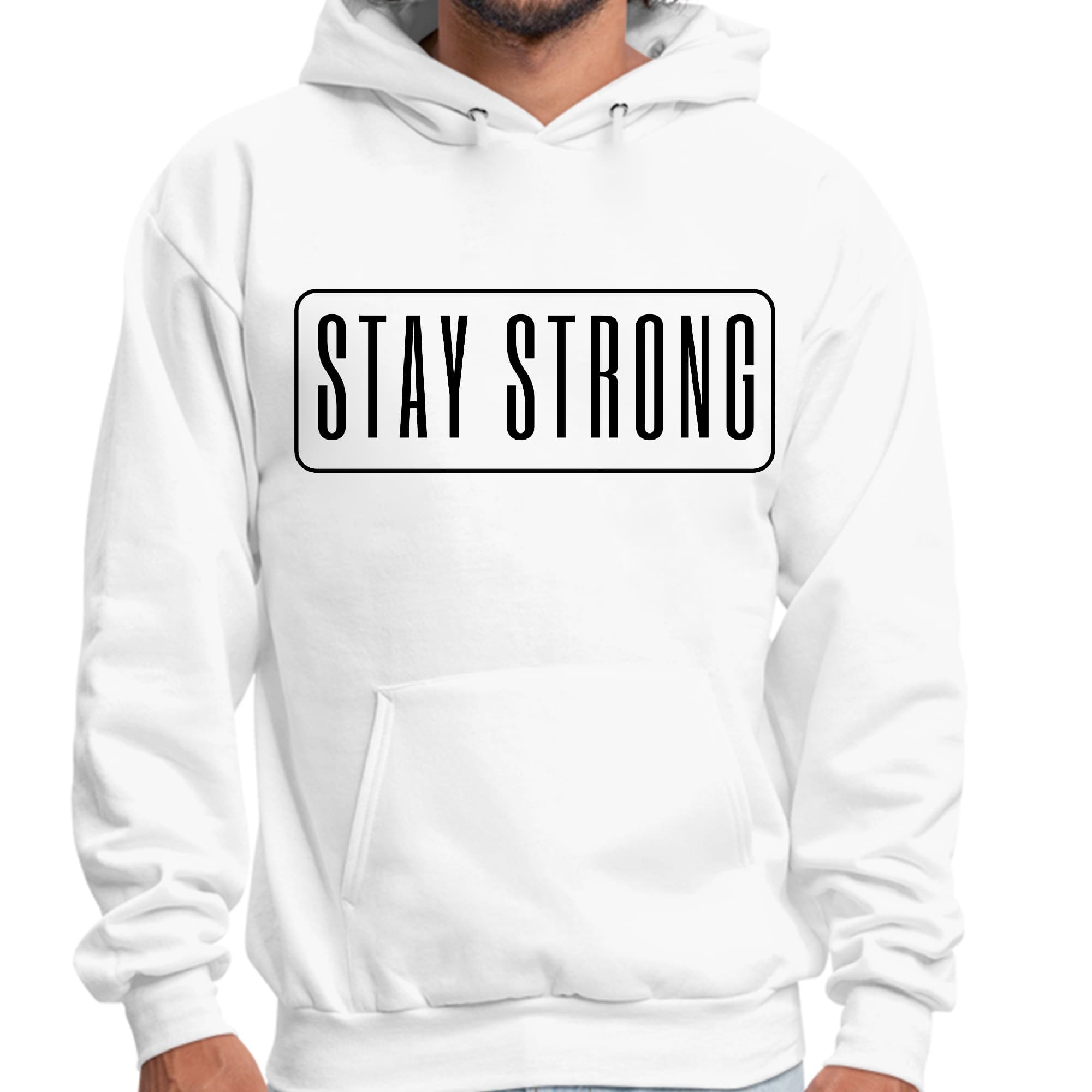 Men's black graphic hoodie with 'Stay Strong' motivational print, featuring a drawstring neckline and long sleeves.