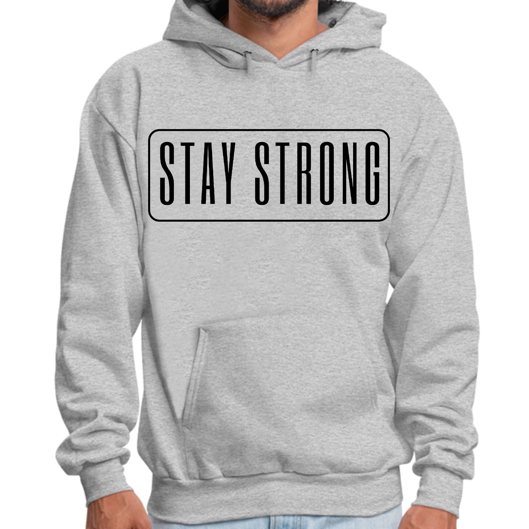 Men's black graphic hoodie with 'Stay Strong' motivational print, featuring a drawstring neckline and long sleeves.