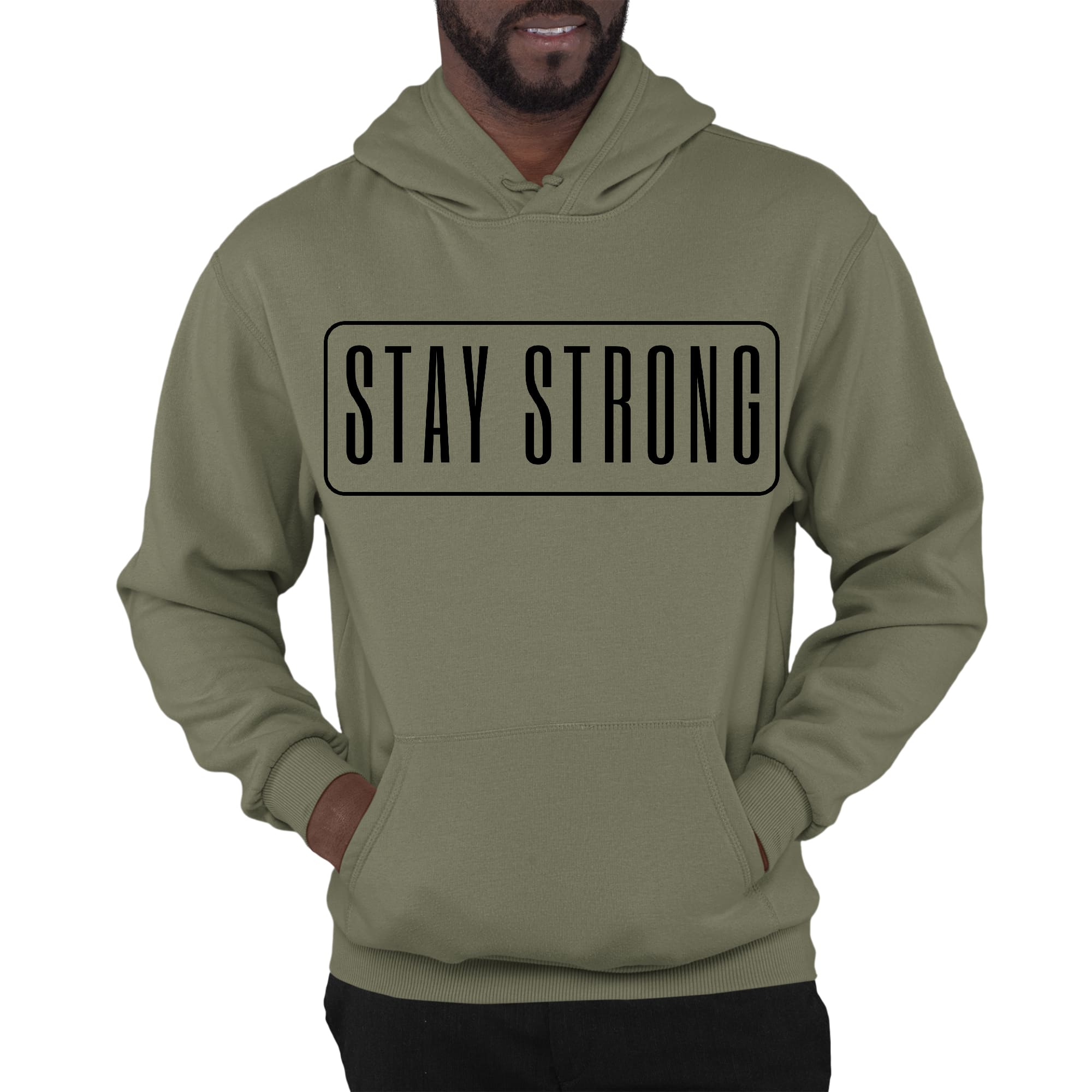 Men's black graphic hoodie with 'Stay Strong' motivational print, featuring a drawstring neckline and long sleeves.