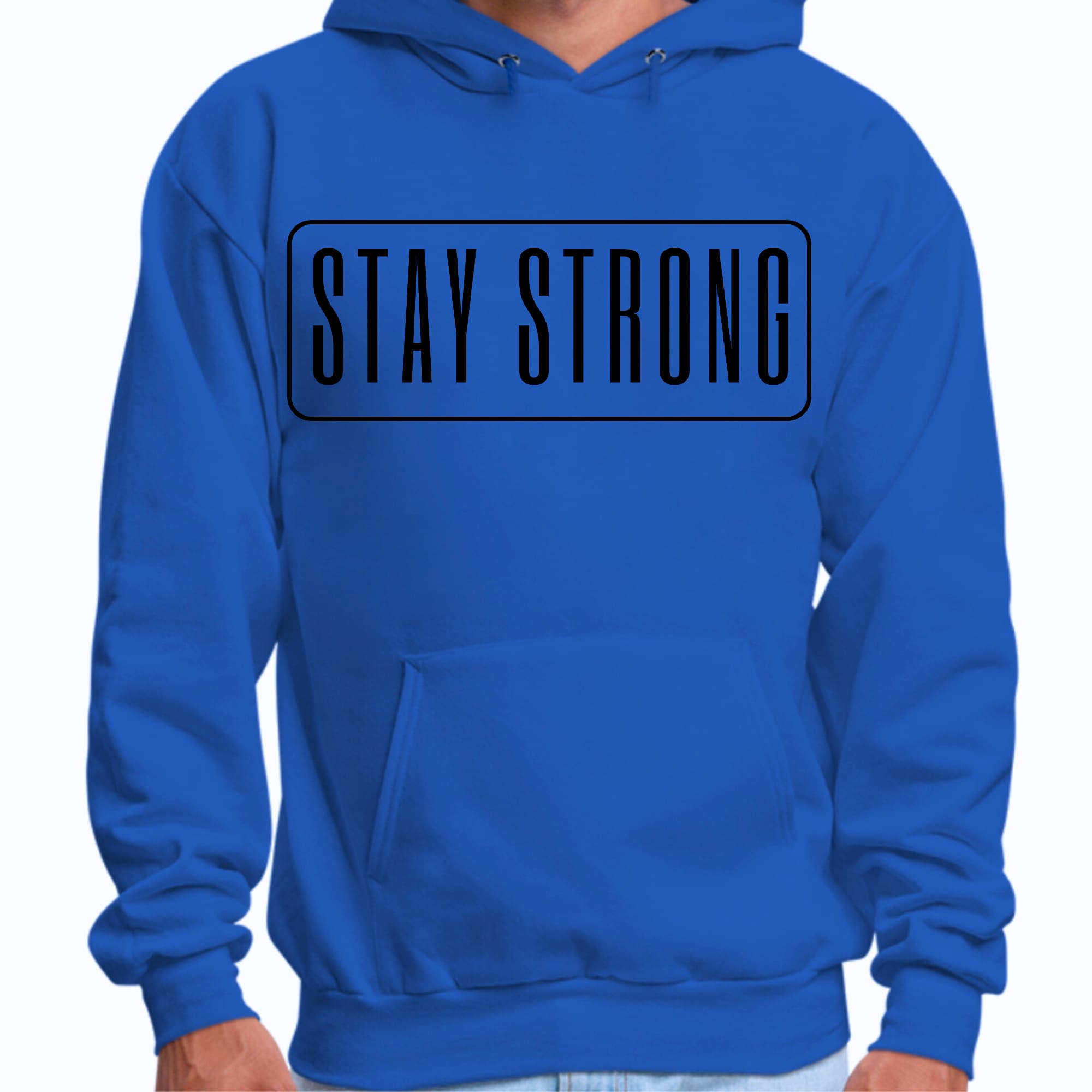 Men's black graphic hoodie with 'Stay Strong' motivational print, featuring a drawstring neckline and long sleeves.