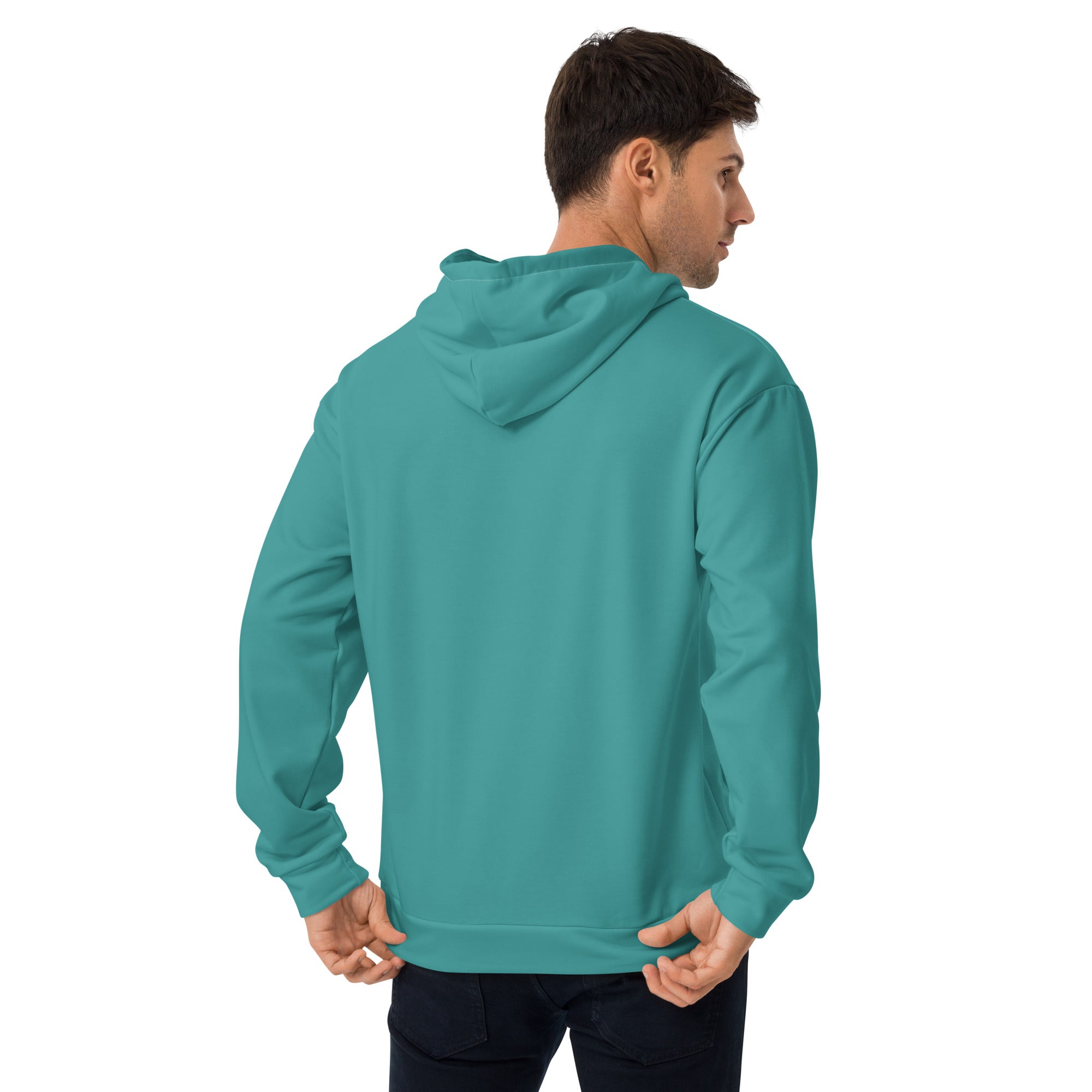 Mens Graphic Hoodie in Teal Green featuring dynamic all-over print and comfortable design.