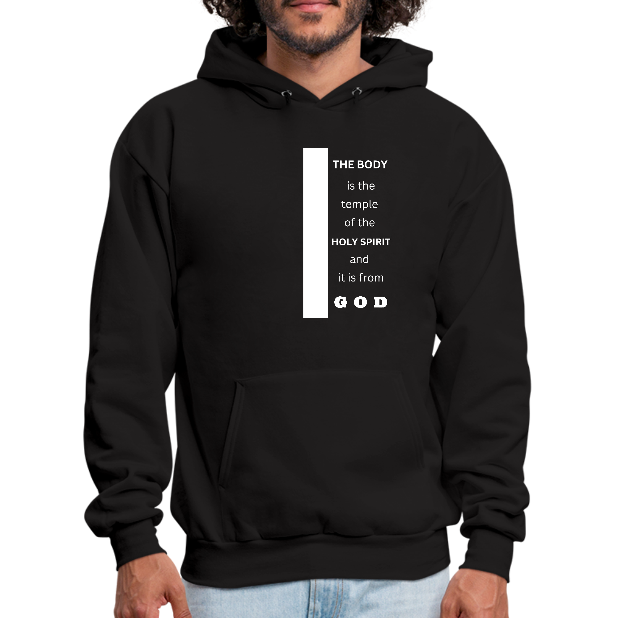 Men's Graphic Hoodie with the scripture 'The Body is the Temple of the Holy Spirit' displayed prominently on the front.