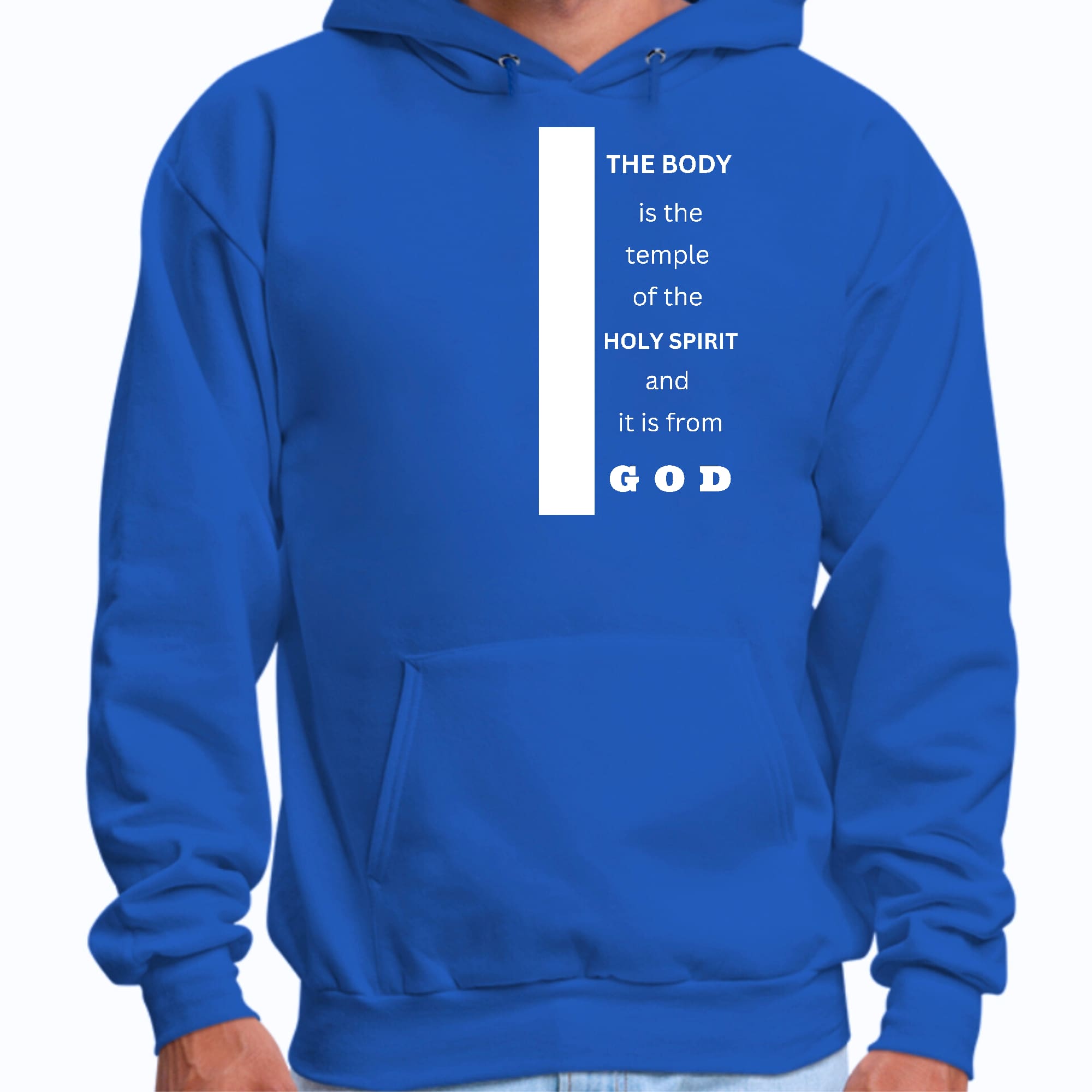 Men's Graphic Hoodie with the scripture 'The Body is the Temple of the Holy Spirit' displayed prominently on the front.