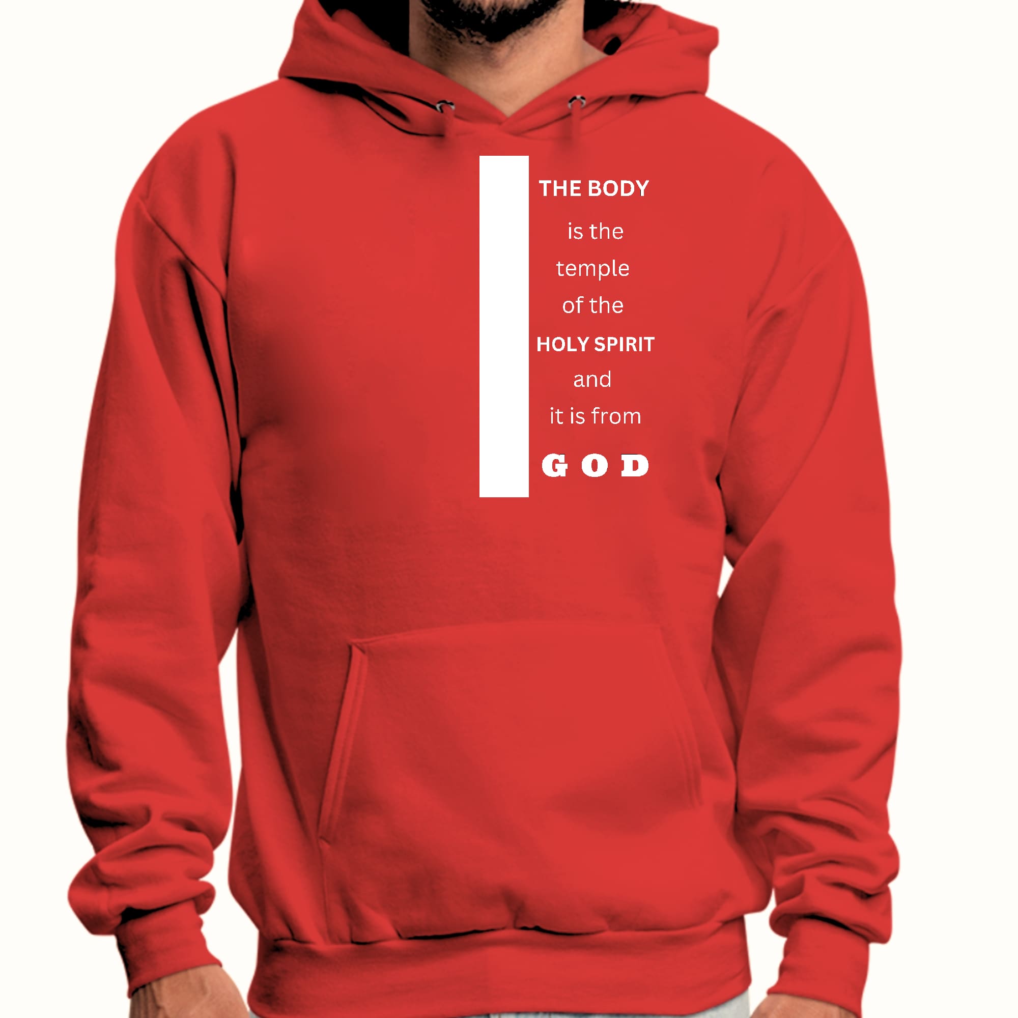 Men's Graphic Hoodie with the scripture 'The Body is the Temple of the Holy Spirit' displayed prominently on the front.