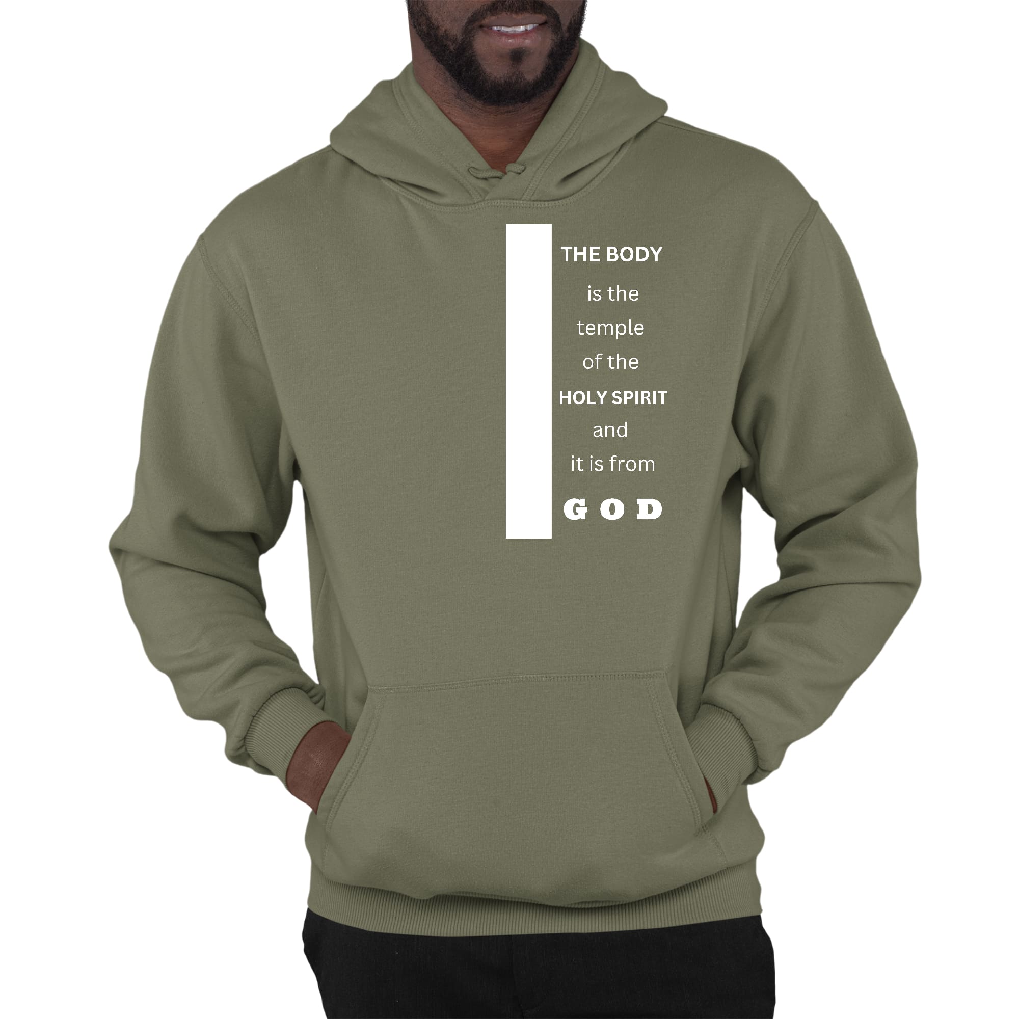 Men's Graphic Hoodie with the scripture 'The Body is the Temple of the Holy Spirit' displayed prominently on the front.