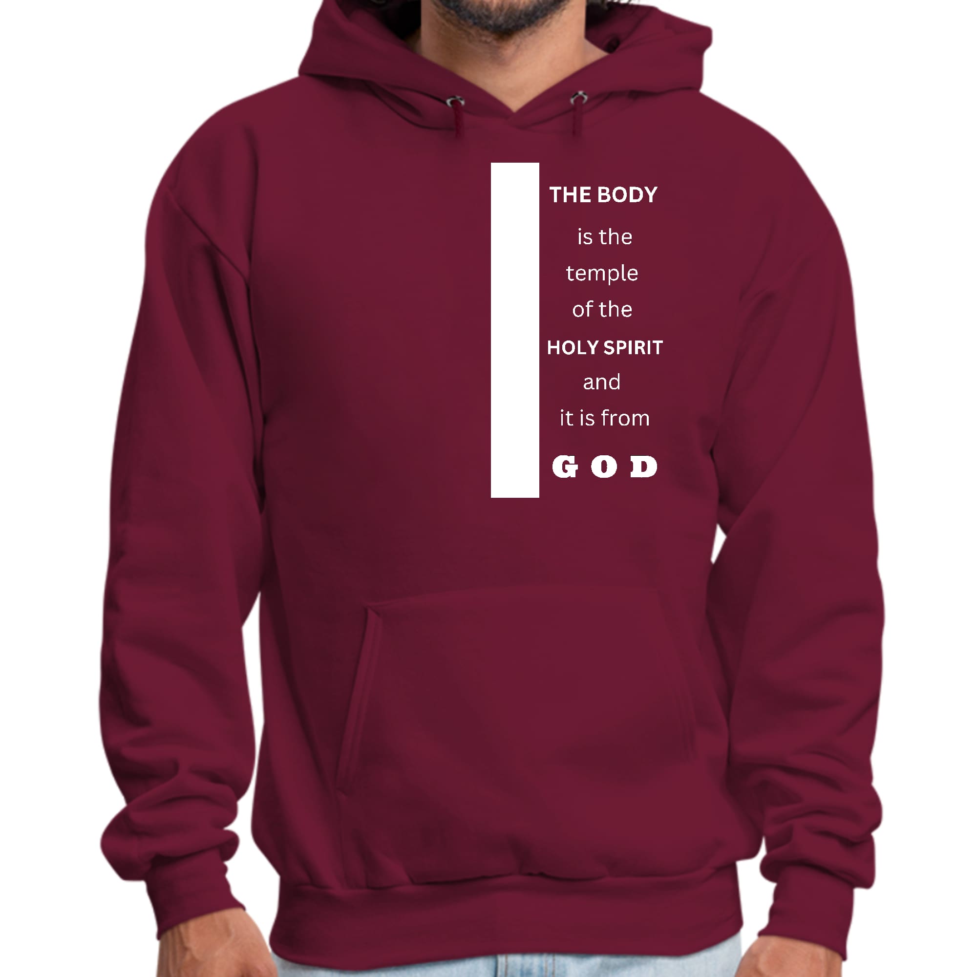 Men's Graphic Hoodie with the scripture 'The Body is the Temple of the Holy Spirit' displayed prominently on the front.