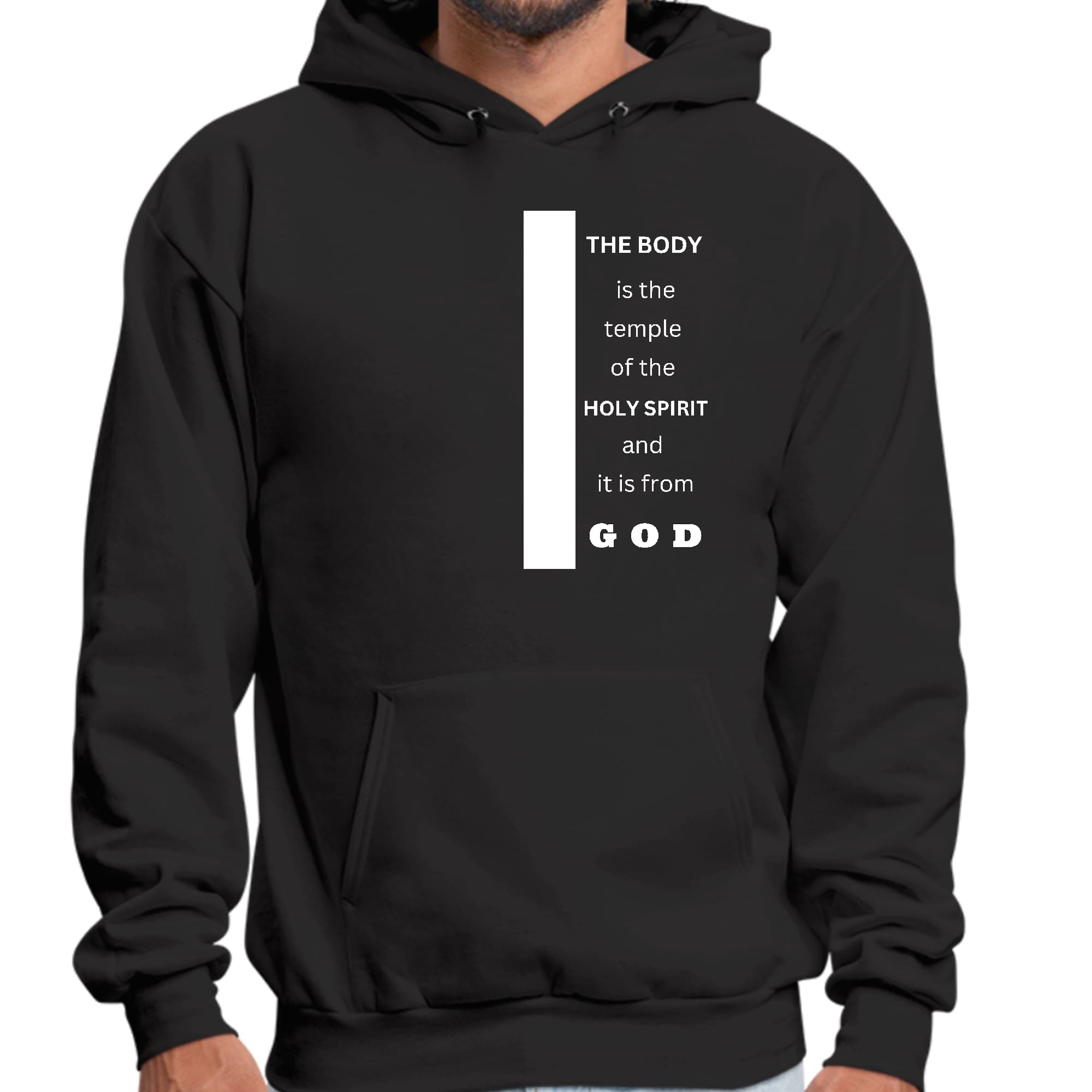 Men's Graphic Hoodie with the scripture 'The Body is the Temple of the Holy Spirit' displayed prominently on the front.