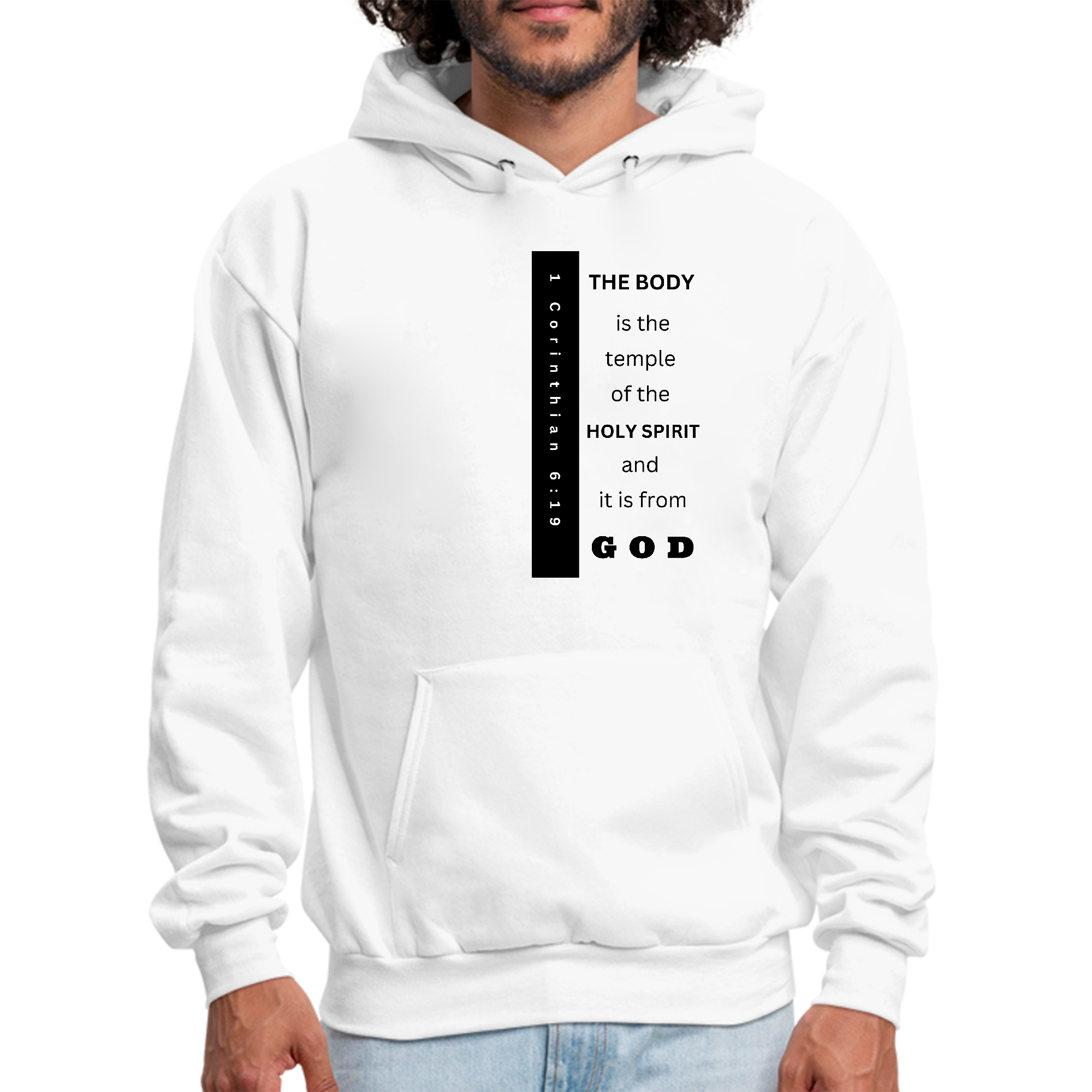 Men's black graphic hoodie with 'The Body is the Temple' print, featuring a drawstring neckline and long sleeves.