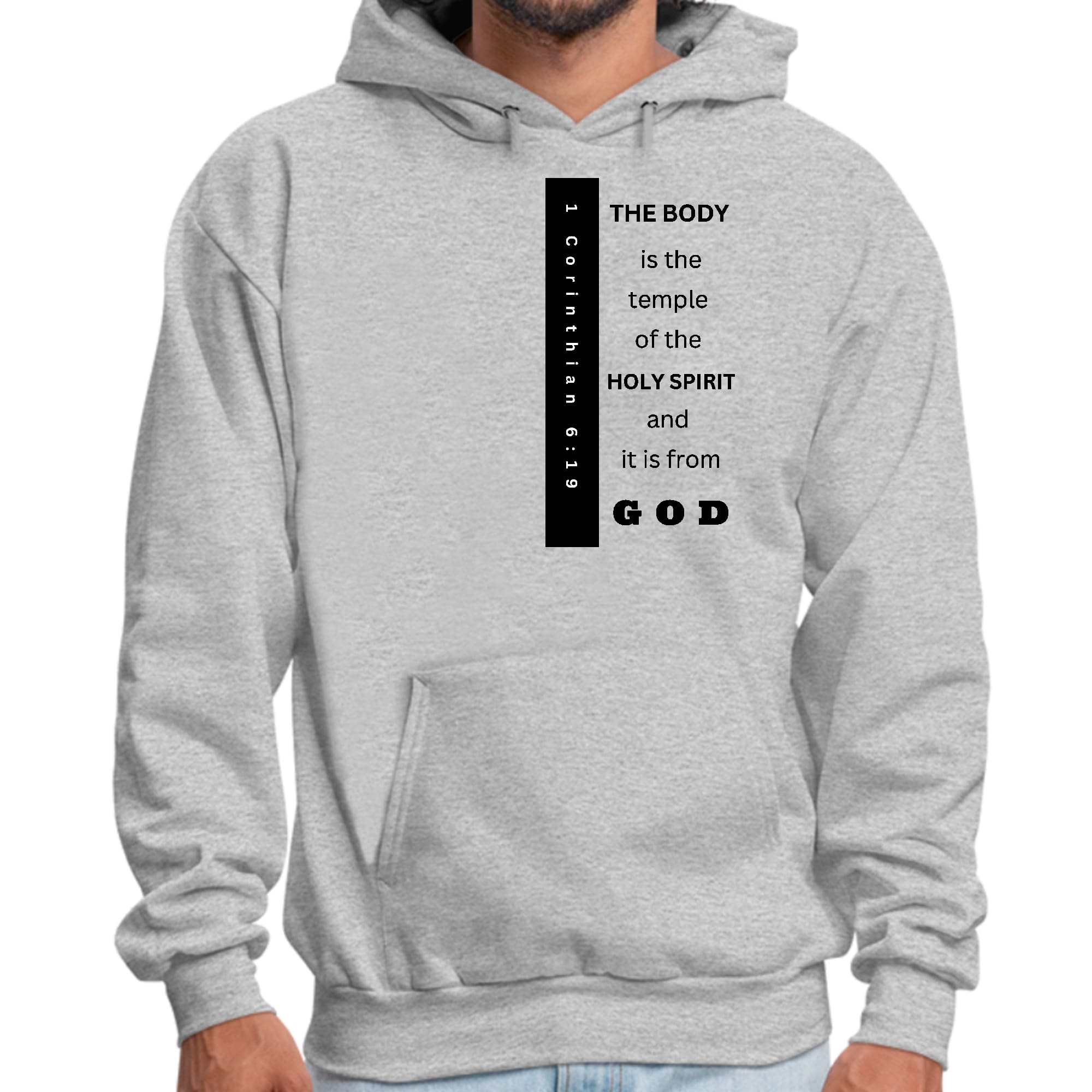 Men's black graphic hoodie with 'The Body is the Temple' print, featuring a drawstring neckline and long sleeves.