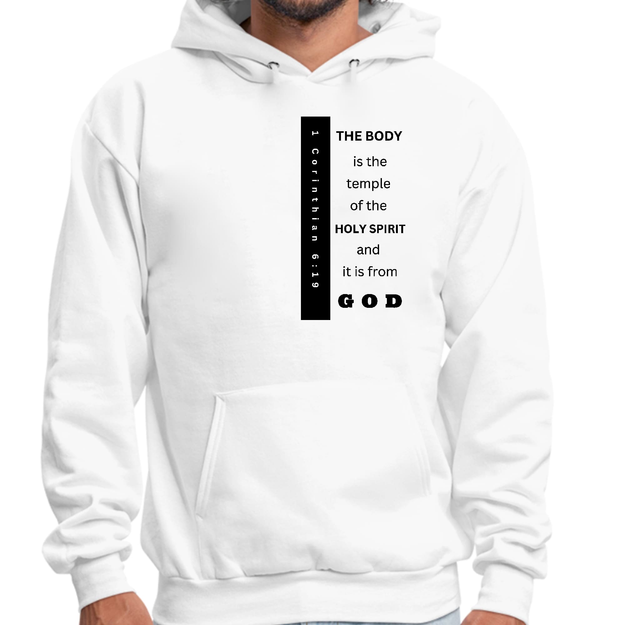 Men's black graphic hoodie with 'The Body is the Temple' print, featuring a drawstring neckline and long sleeves.