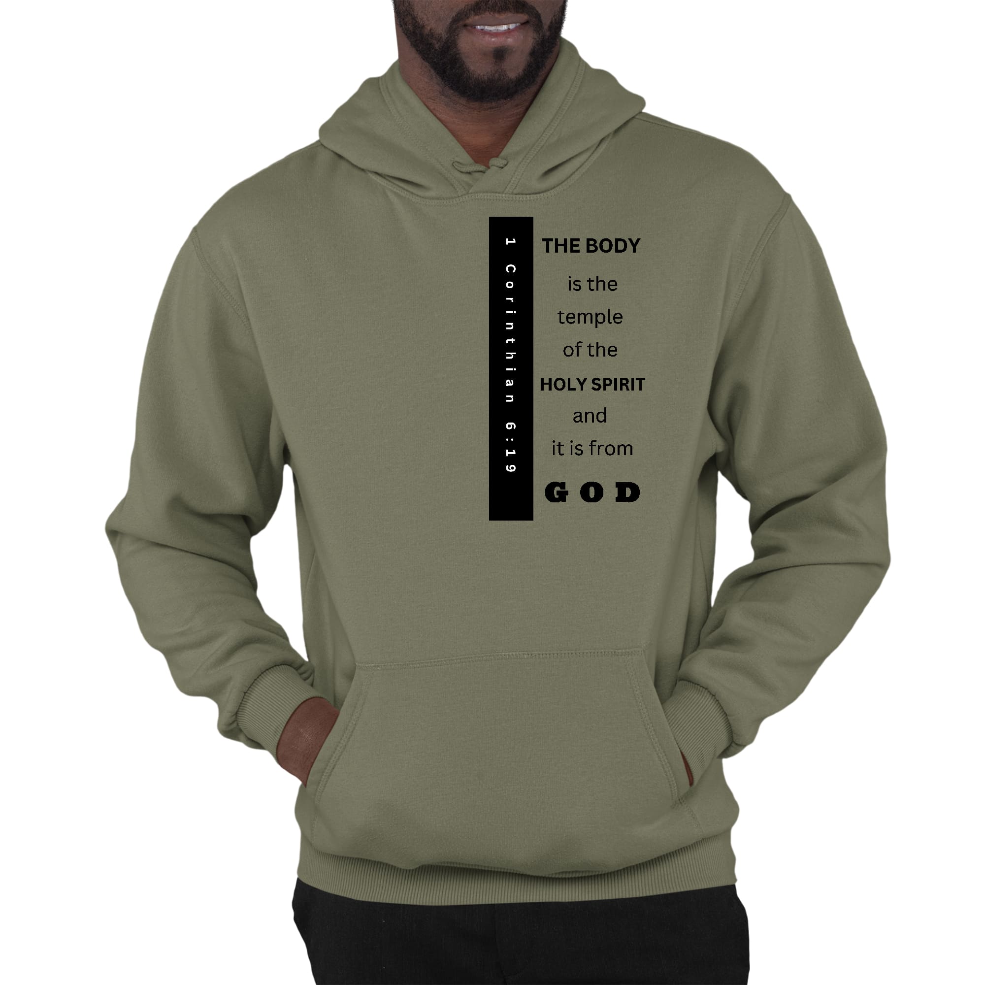 Men's black graphic hoodie with 'The Body is the Temple' print, featuring a drawstring neckline and long sleeves.