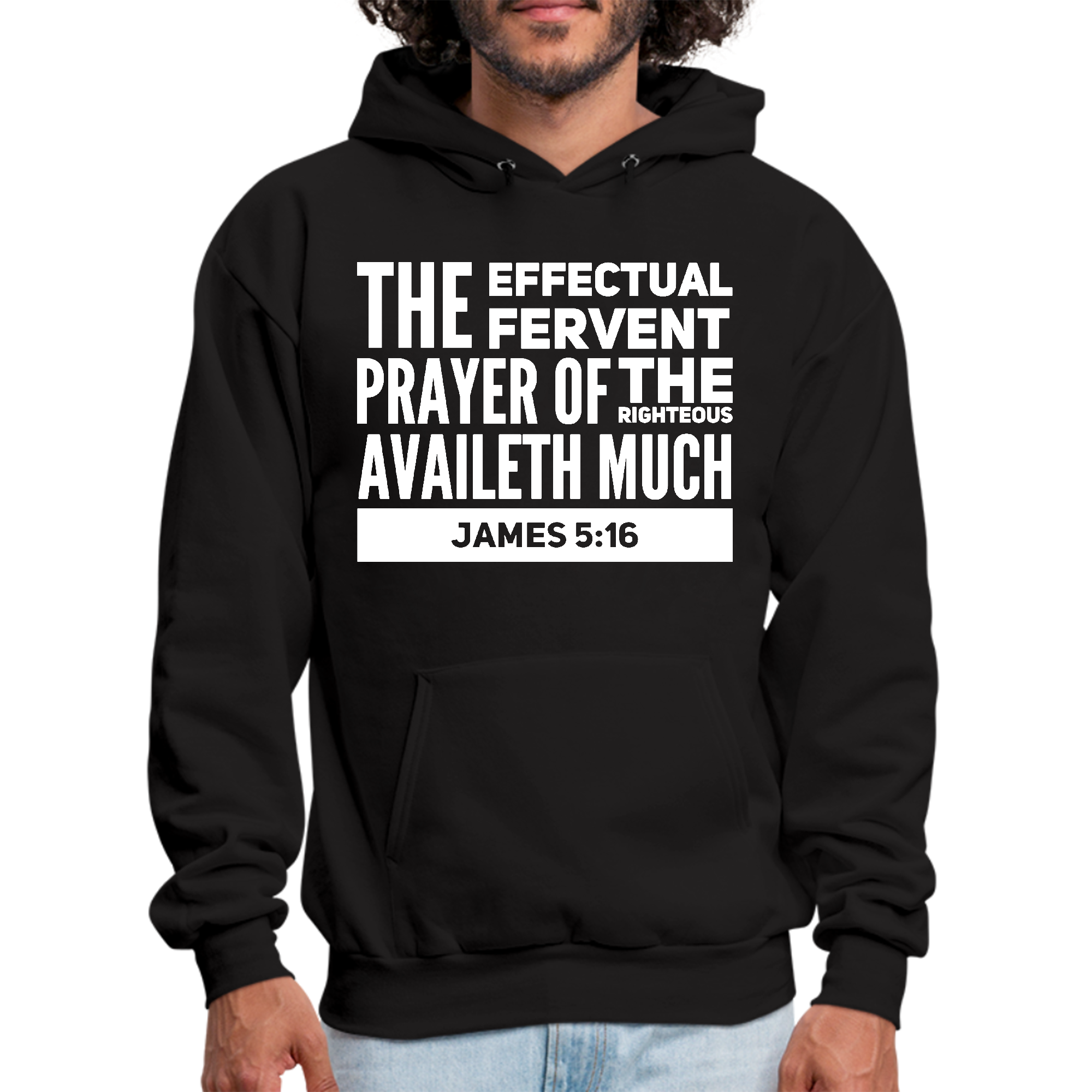 Mens Graphic Hoodie featuring James 5:16 with drawstring neckline and long sleeves, showcasing a powerful prayer message.