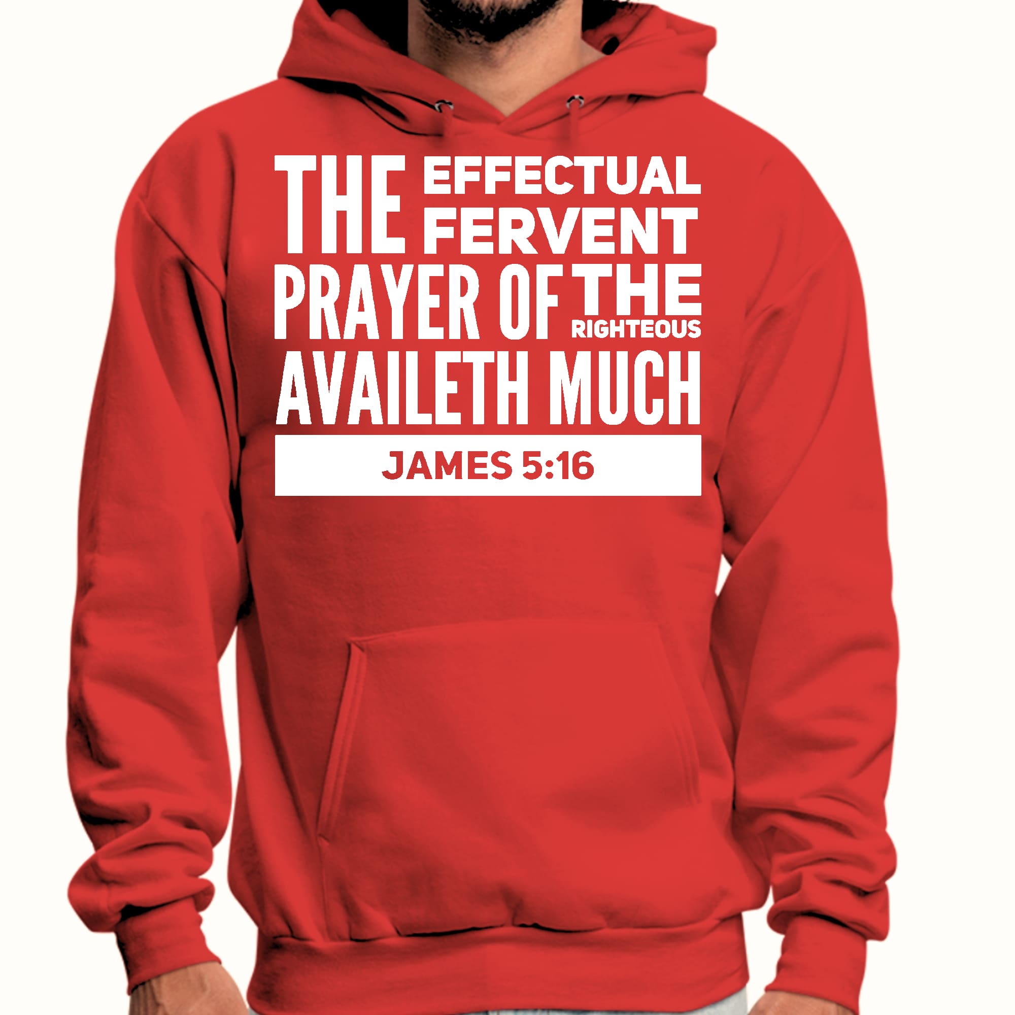 Mens Graphic Hoodie featuring James 5:16 with drawstring neckline and long sleeves, showcasing a powerful prayer message.