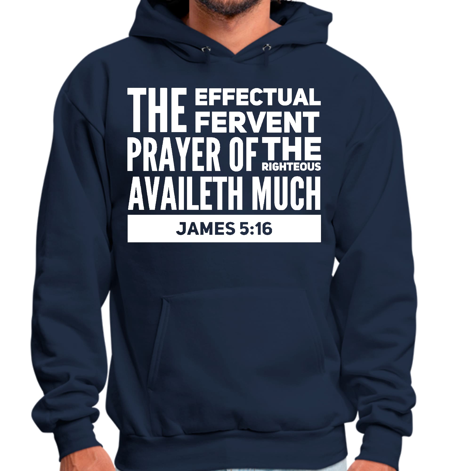 Mens Graphic Hoodie featuring James 5:16 with drawstring neckline and long sleeves, showcasing a powerful prayer message.