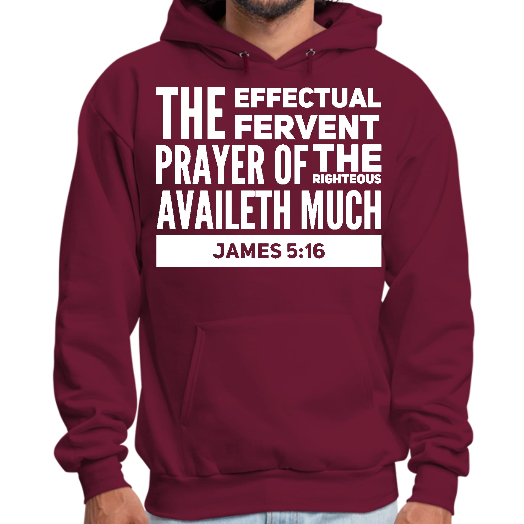 Mens Graphic Hoodie featuring James 5:16 with drawstring neckline and long sleeves, showcasing a powerful prayer message.