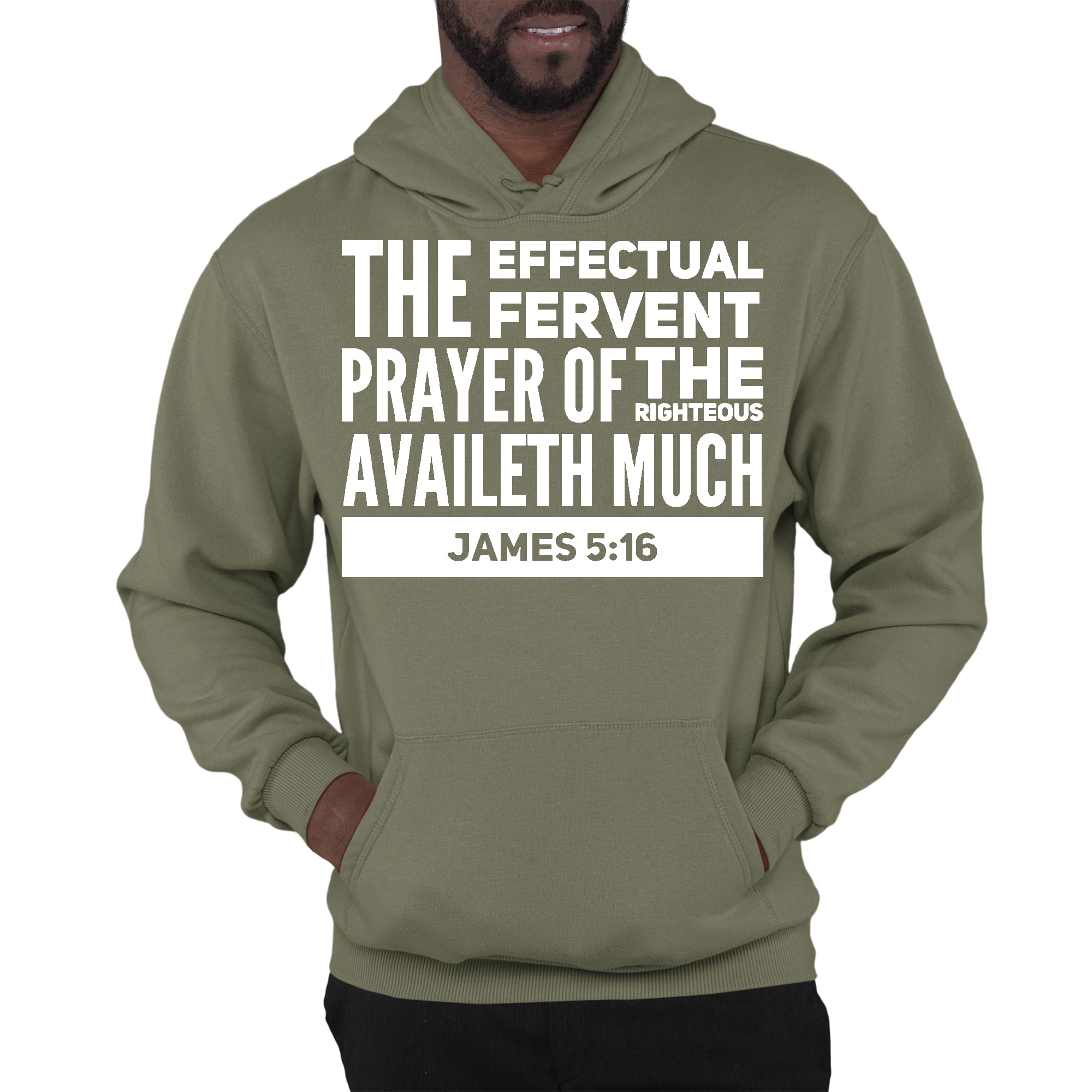 Mens Graphic Hoodie featuring James 5:16 with drawstring neckline and long sleeves, showcasing a powerful prayer message.