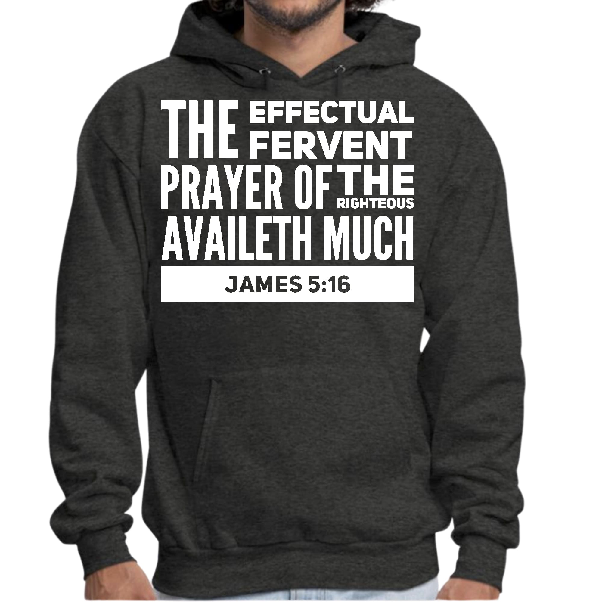 Mens Graphic Hoodie featuring James 5:16 with drawstring neckline and long sleeves, showcasing a powerful prayer message.