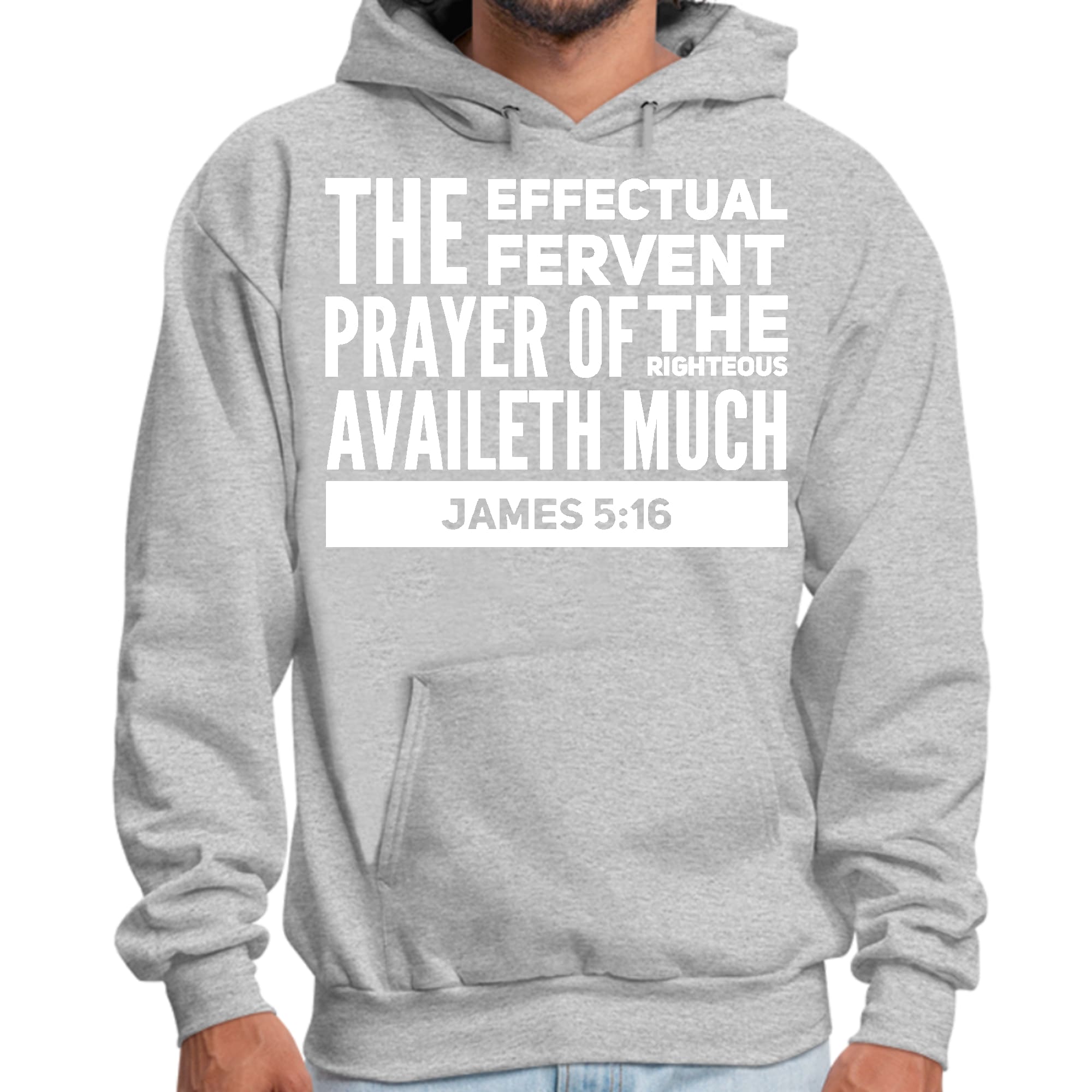 Mens Graphic Hoodie featuring James 5:16 with drawstring neckline and long sleeves, showcasing a powerful prayer message.