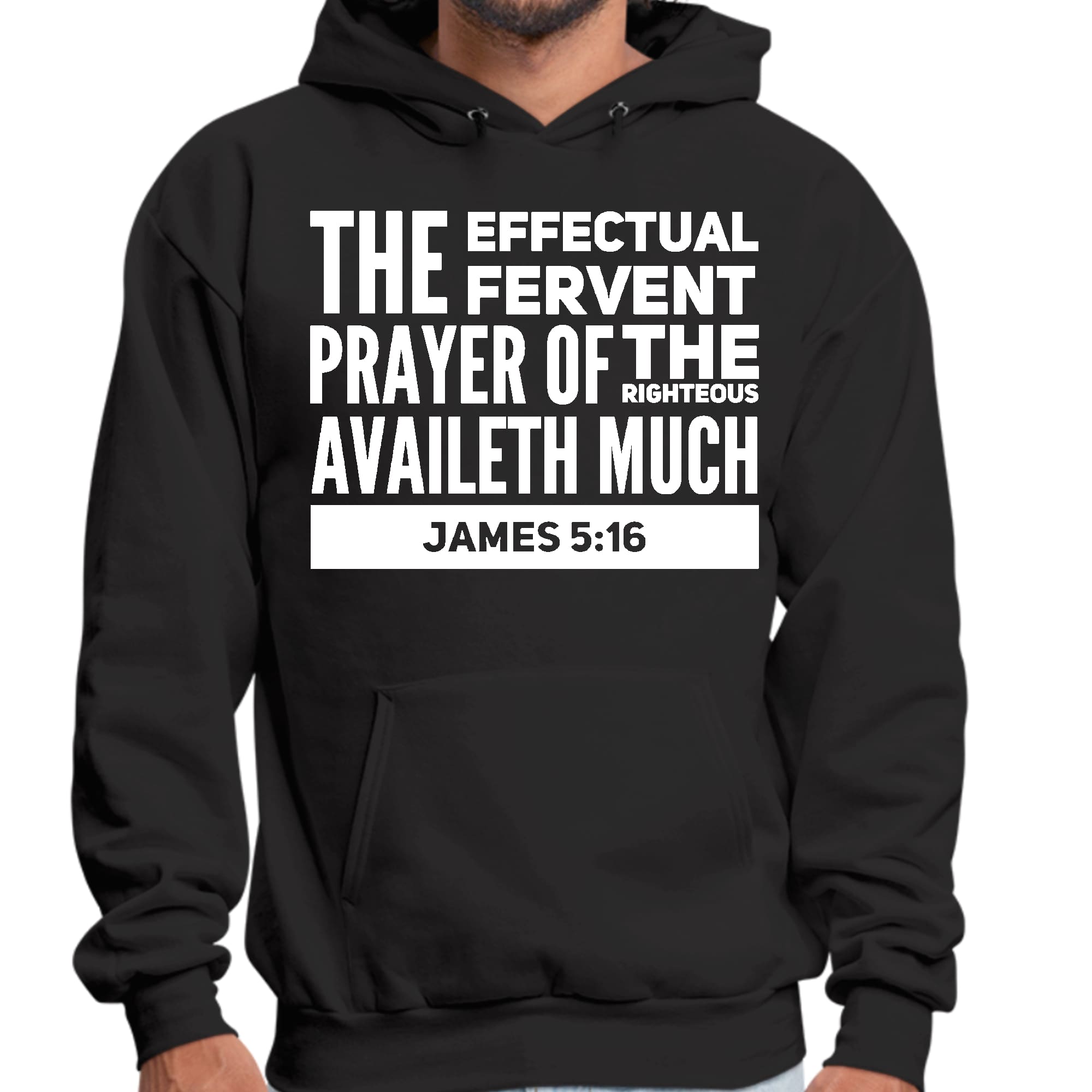 Mens Graphic Hoodie featuring James 5:16 with drawstring neckline and long sleeves, showcasing a powerful prayer message.