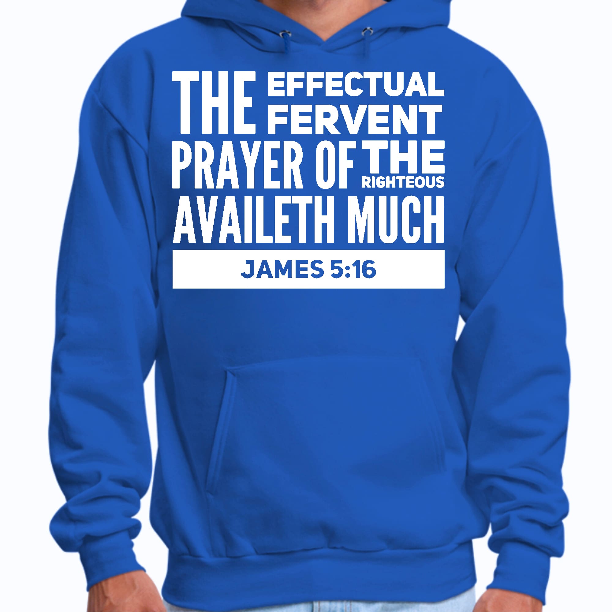 Mens Graphic Hoodie featuring James 5:16 with drawstring neckline and long sleeves, showcasing a powerful prayer message.