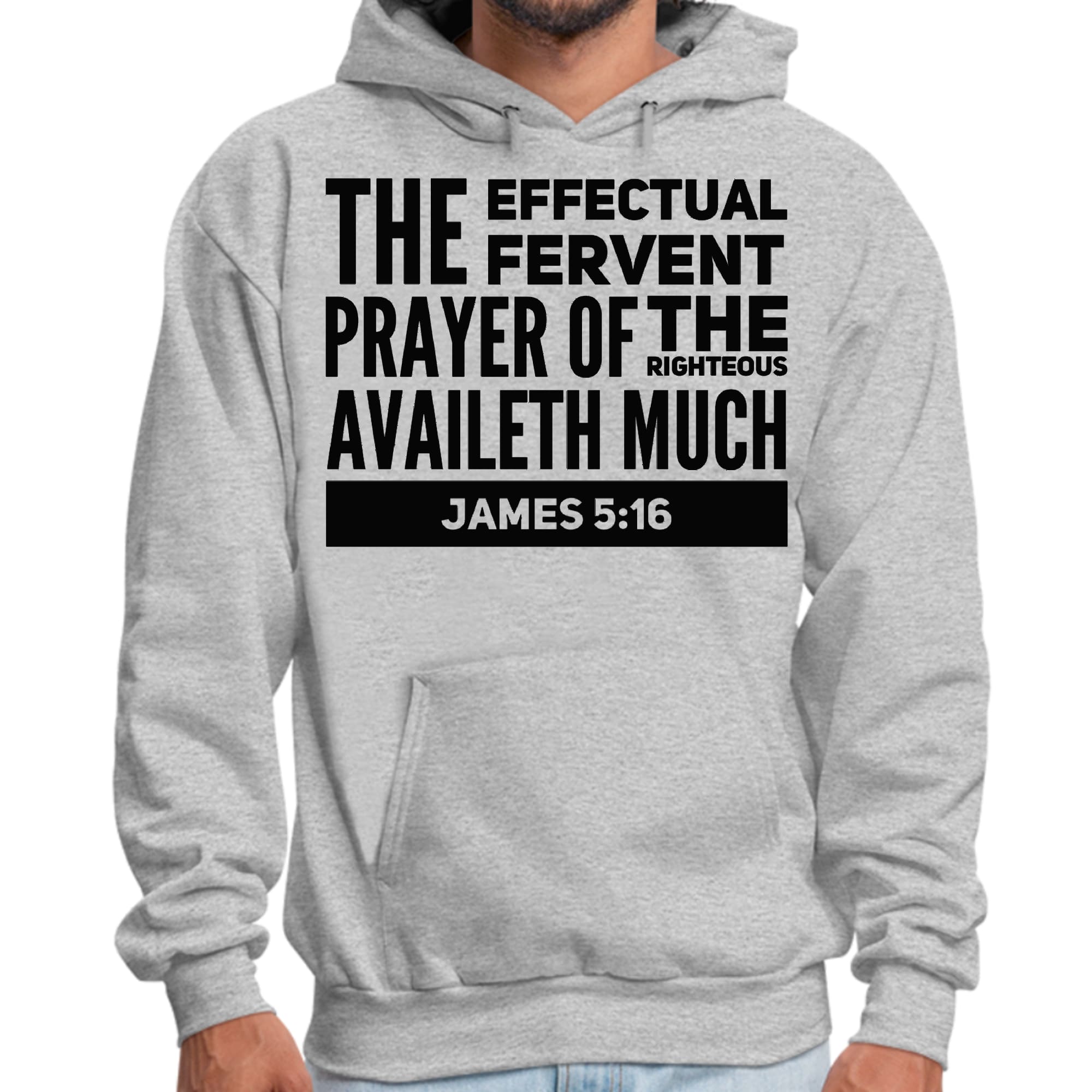 Mens Graphic Hoodie featuring the Effectual Fervent Prayer print, showcasing a stylish black illustration on a comfortable long sleeve design.