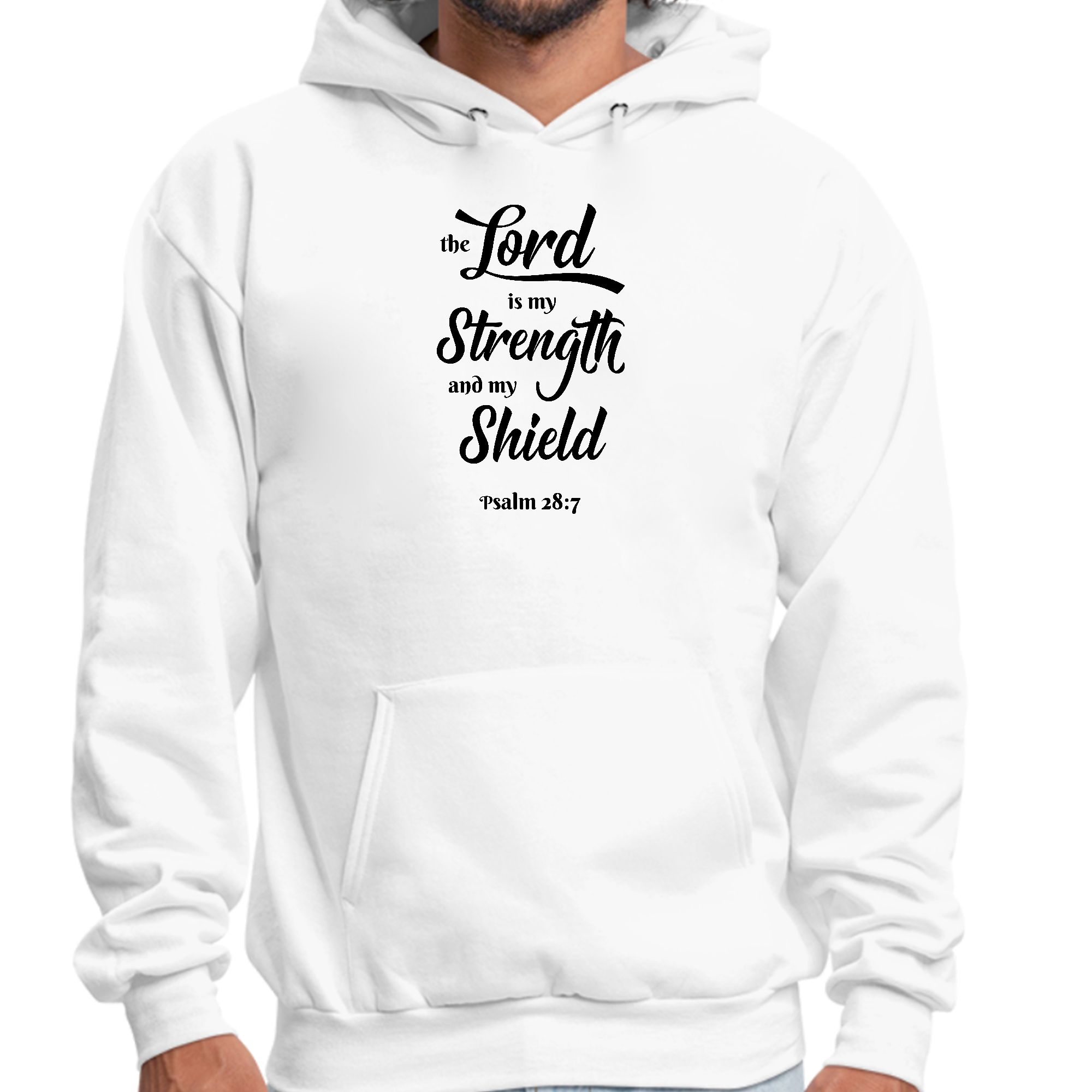 Mens Graphic Hoodie in black featuring the phrase 'The Lord is my Strength and my Shield' in stylish print, designed for comfort and creativity.