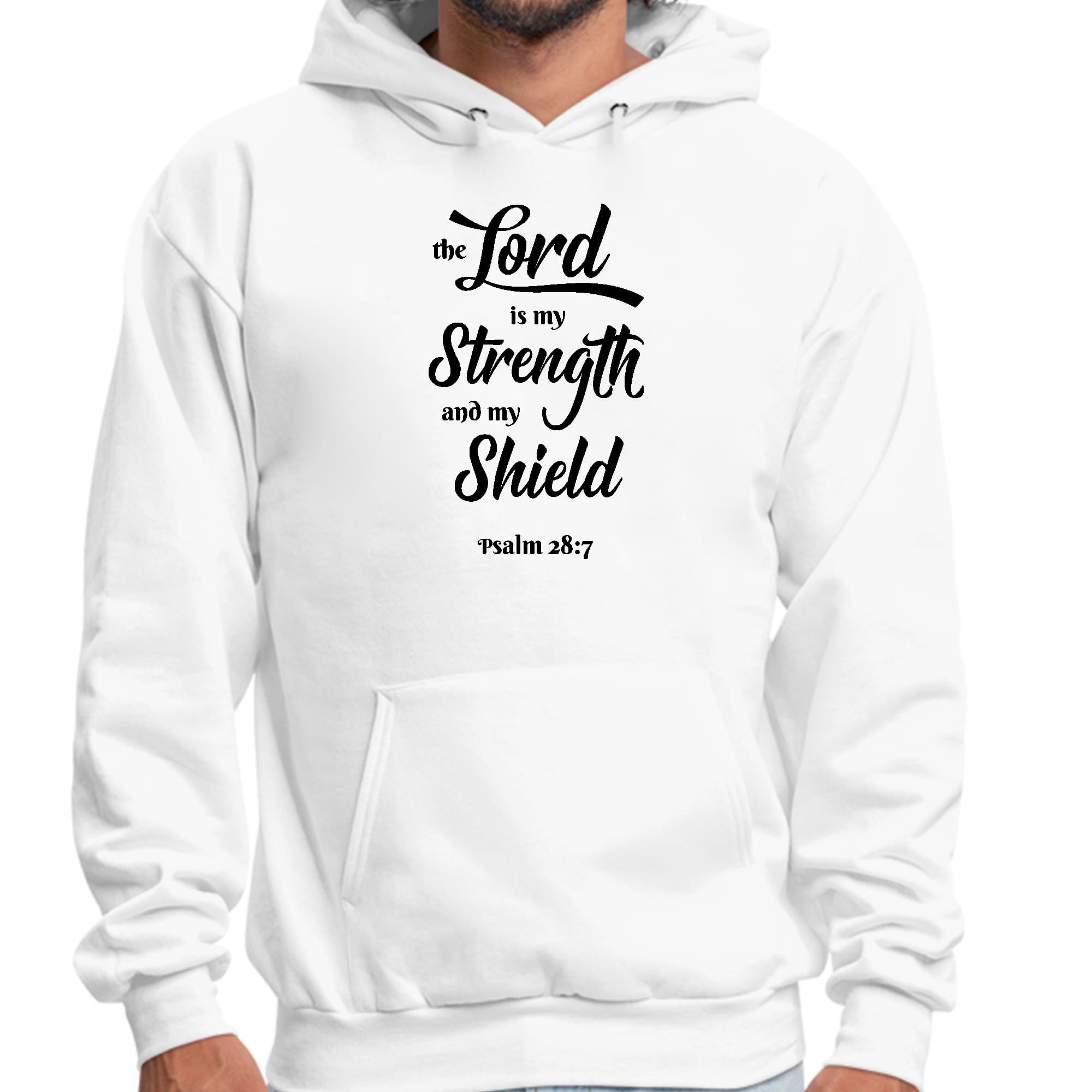 Mens Graphic Hoodie in black featuring the phrase 'The Lord is my Strength and my Shield' in stylish print, designed for comfort and creativity.