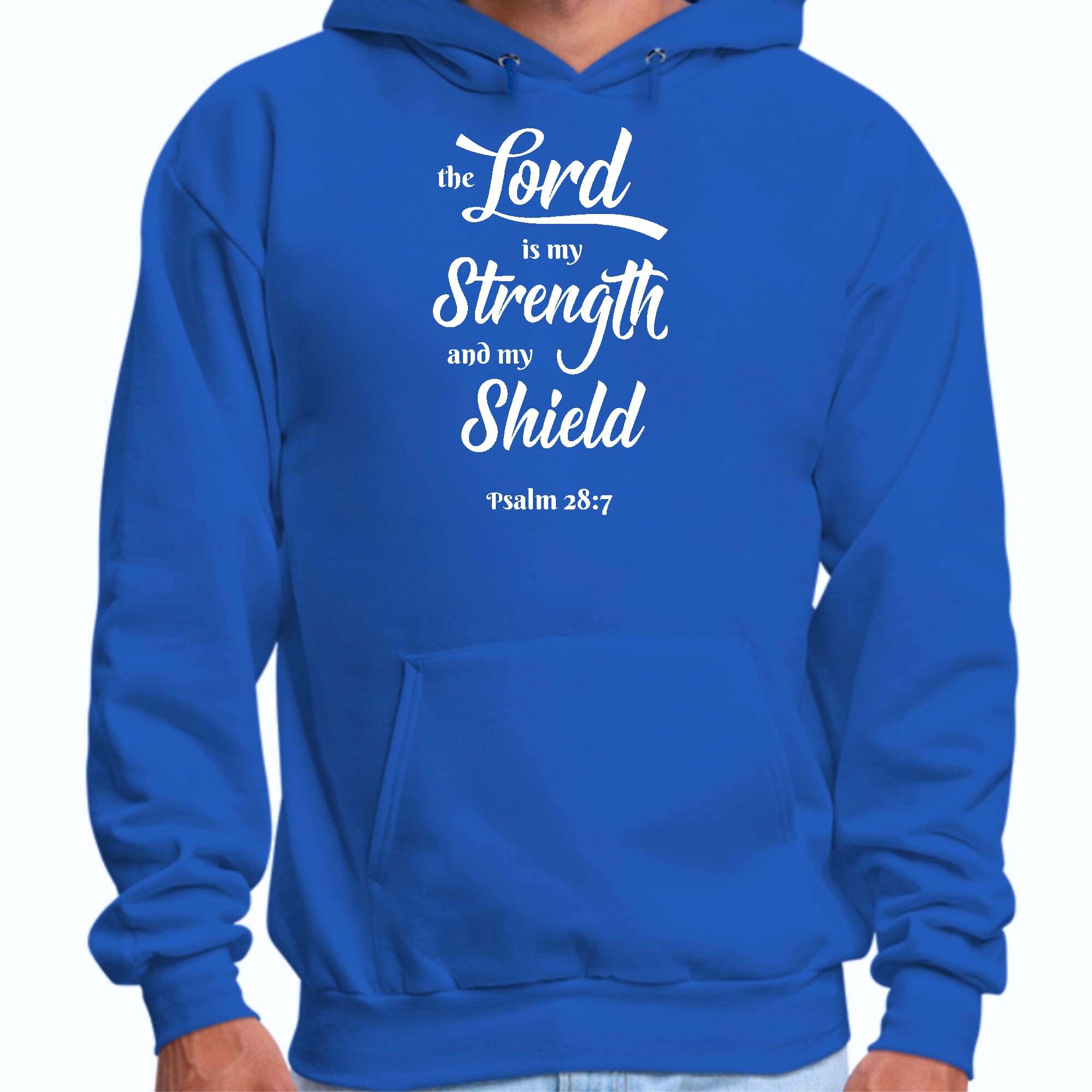 Men's graphic hoodie in white print featuring 'The Lord is my Strength and my Shield', showcasing a stylish and comfortable design.