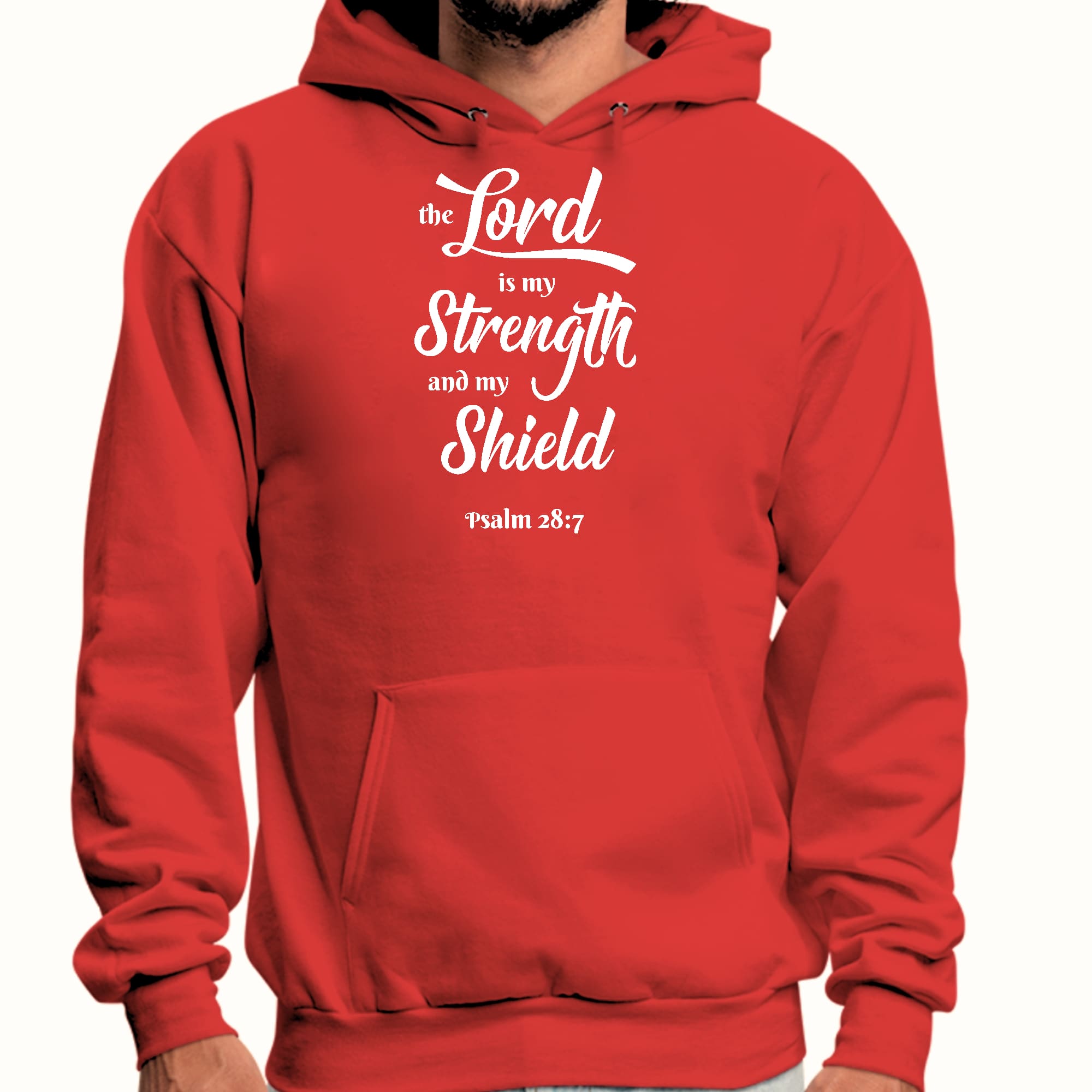 Men's graphic hoodie in white print featuring 'The Lord is my Strength and my Shield', showcasing a stylish and comfortable design.