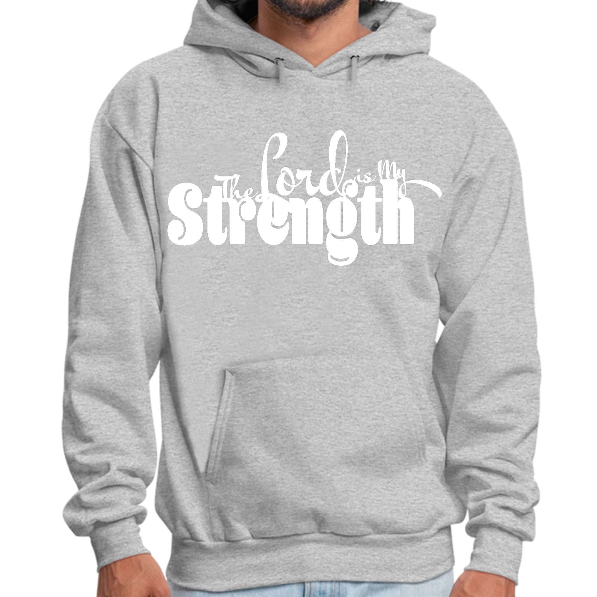 Men's Graphic Hoodie with 'The Lord is my Strength' print, showcasing a comfortable fit and stylish design.