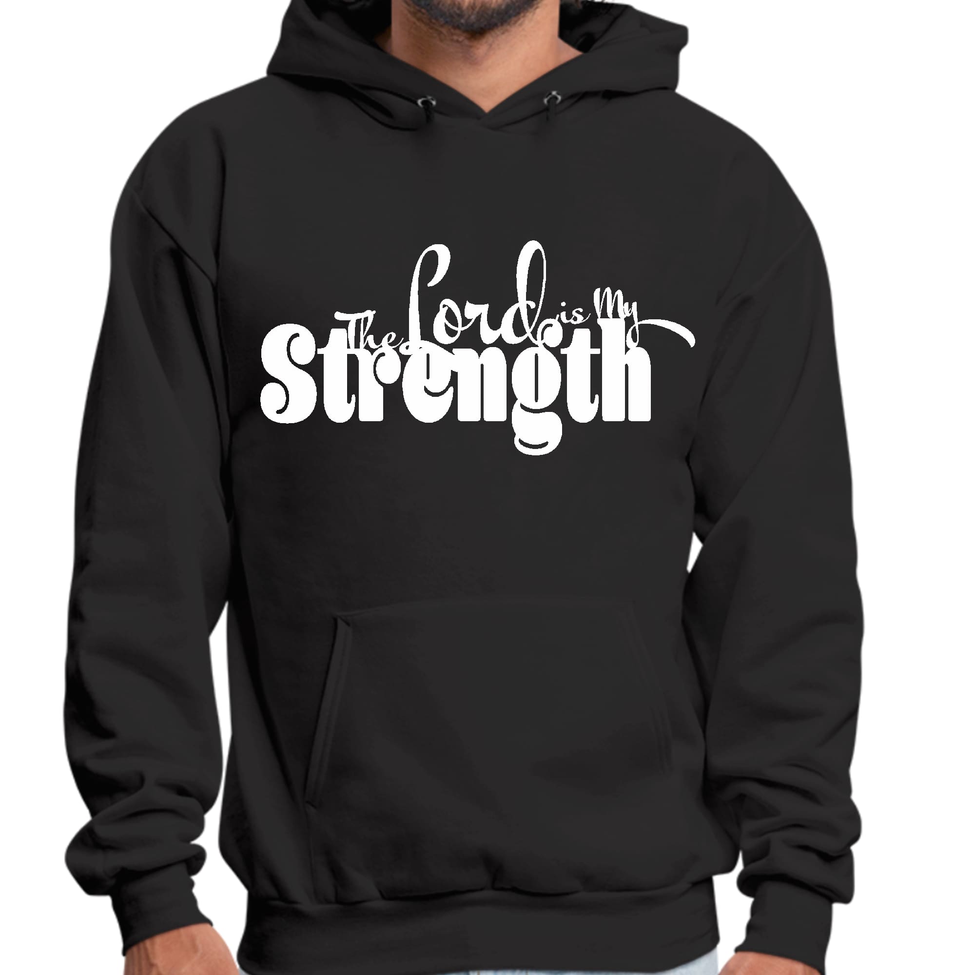 Men's Graphic Hoodie with 'The Lord is my Strength' print, showcasing a comfortable fit and stylish design.