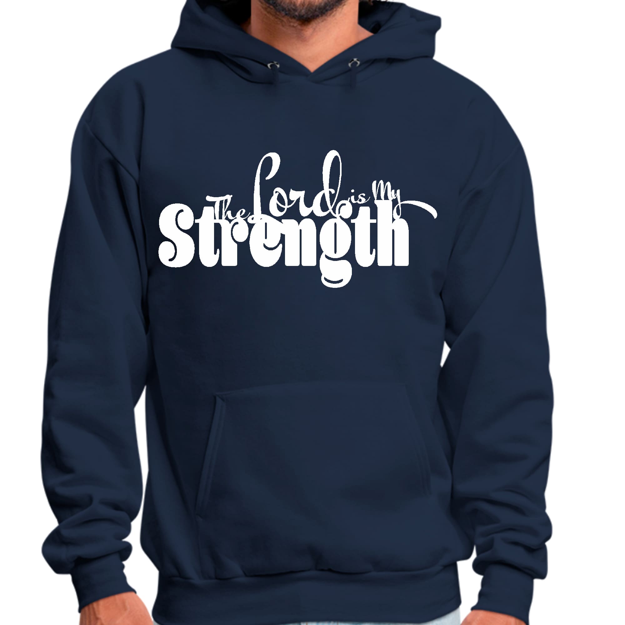 Men's Graphic Hoodie with 'The Lord is my Strength' print, showcasing a comfortable fit and stylish design.