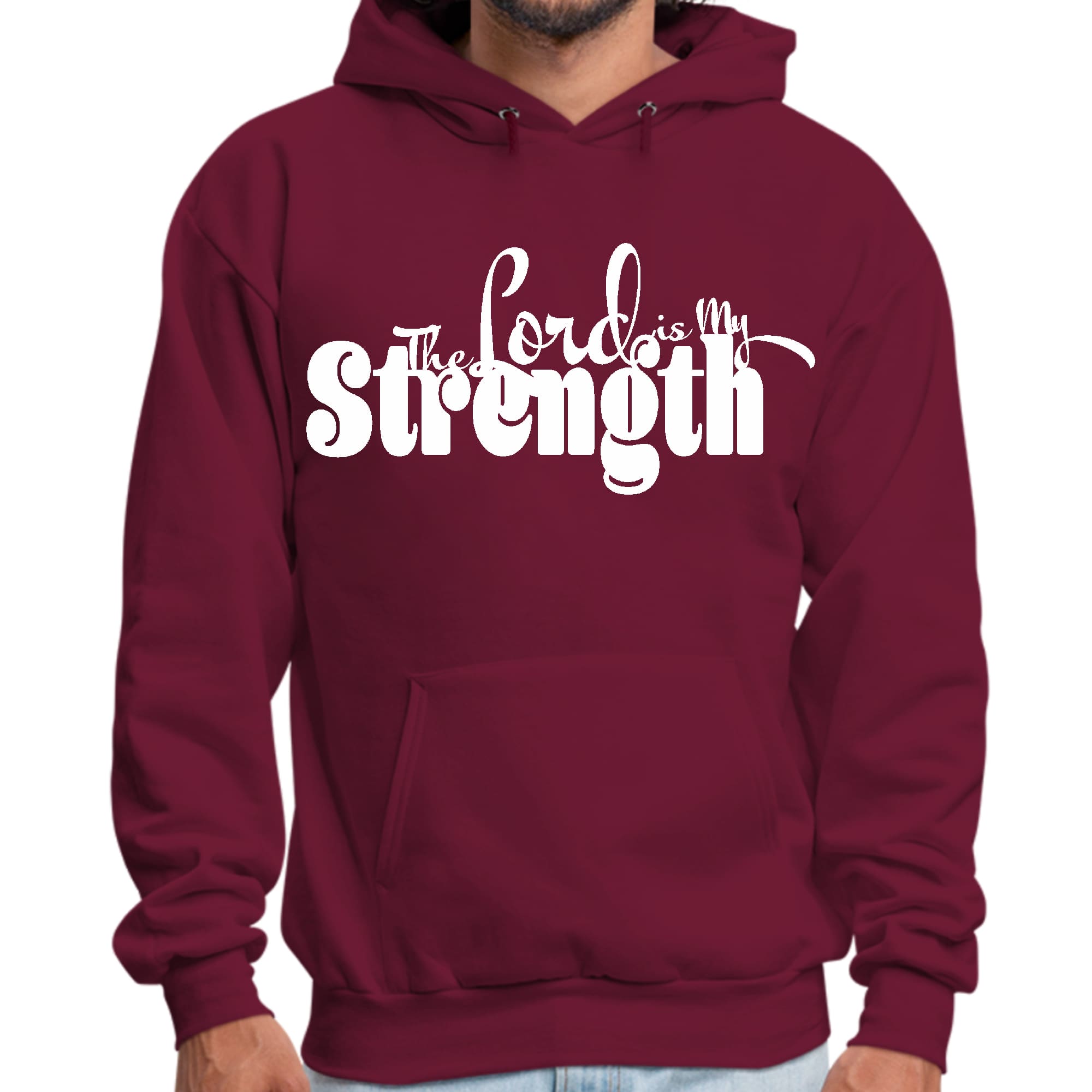 Men's Graphic Hoodie with 'The Lord is my Strength' print, showcasing a comfortable fit and stylish design.