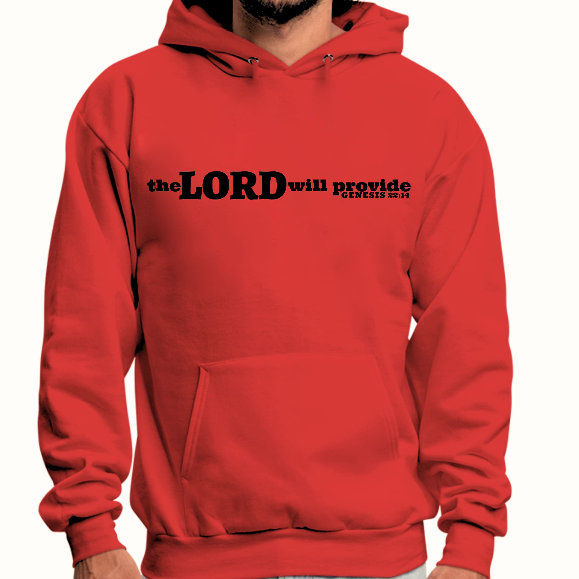 Men's black graphic hoodie with 'The Lord Will Provide' print, featuring a drawstring neckline and long sleeves.