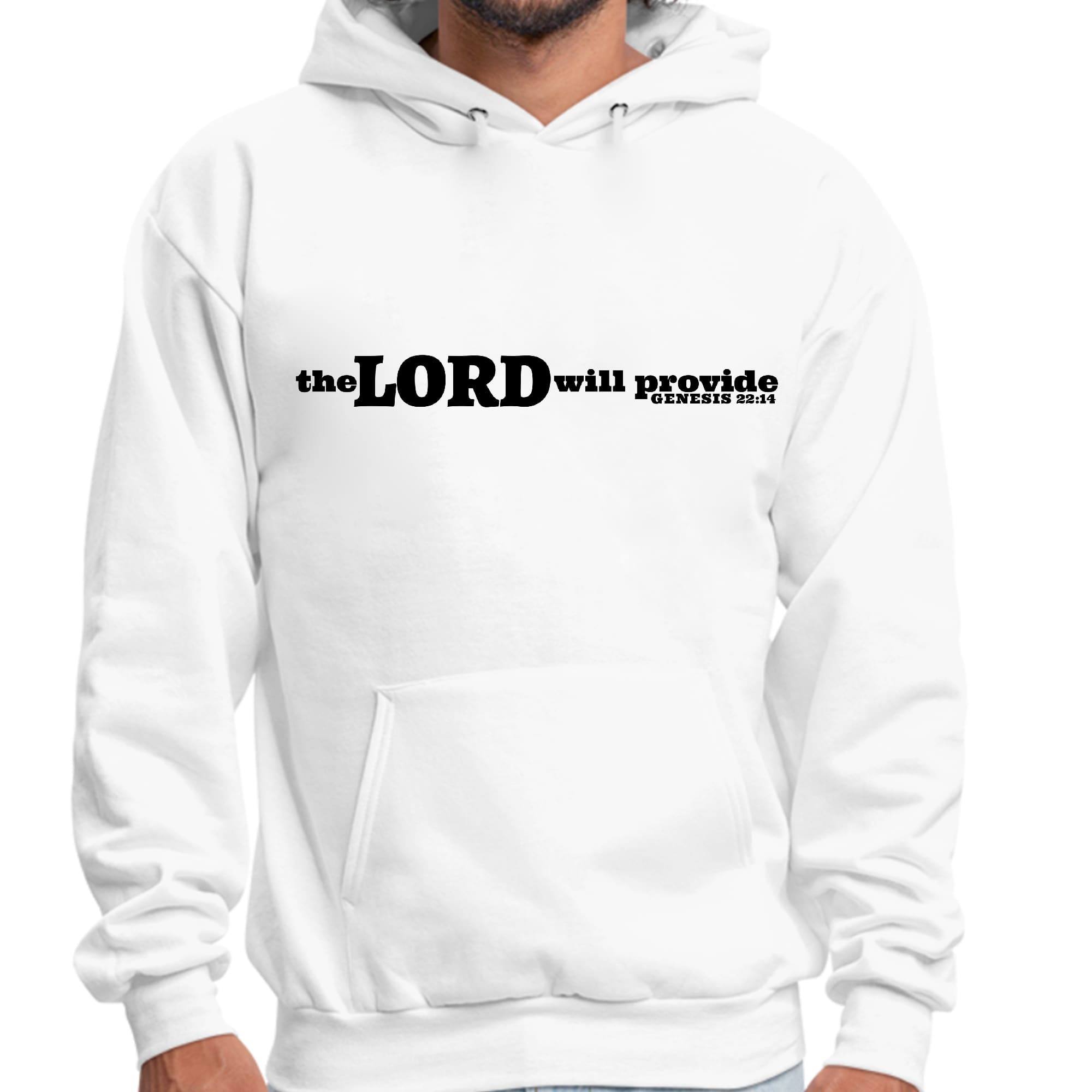 Men's black graphic hoodie with 'The Lord Will Provide' print, featuring a drawstring neckline and long sleeves.