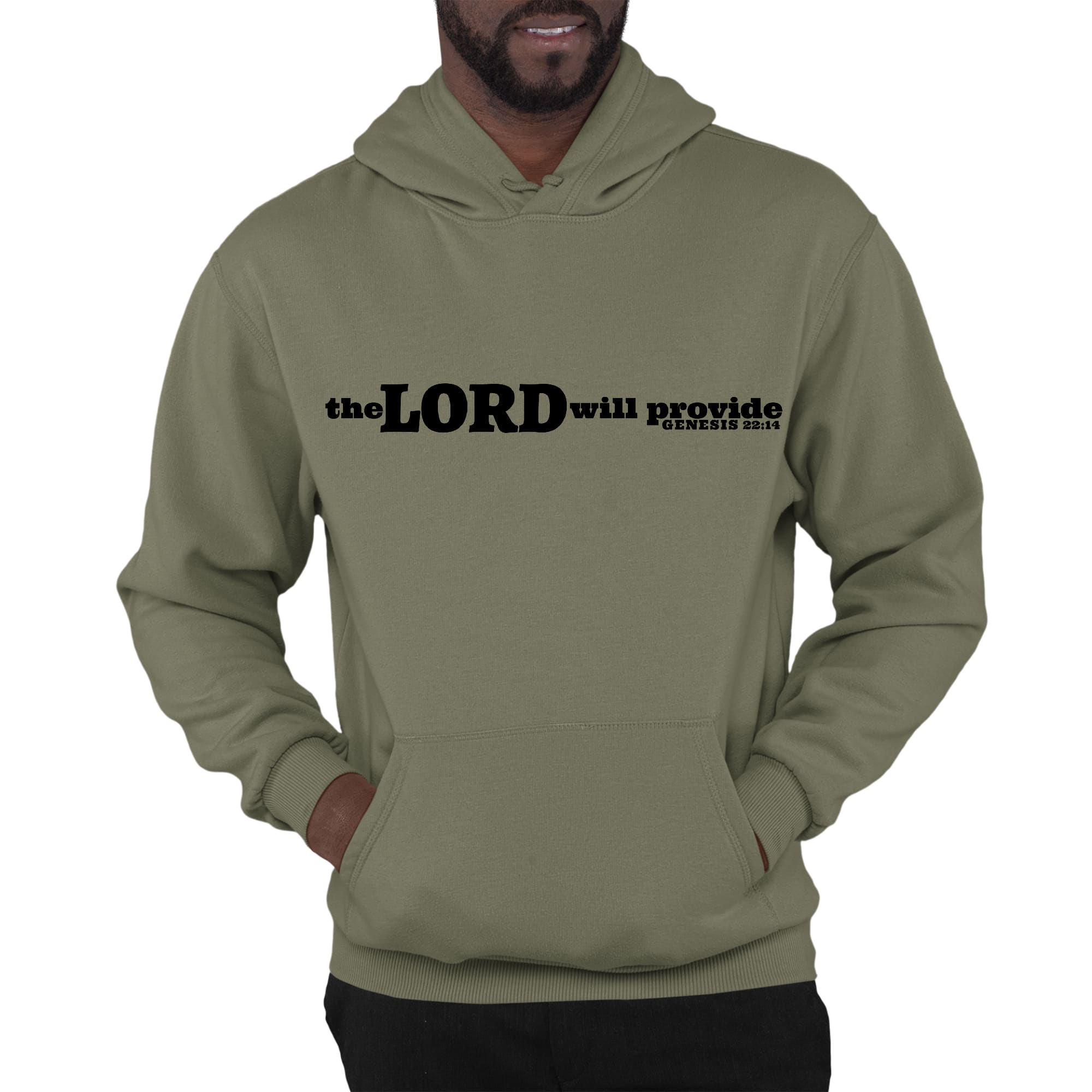 Men's black graphic hoodie with 'The Lord Will Provide' print, featuring a drawstring neckline and long sleeves.